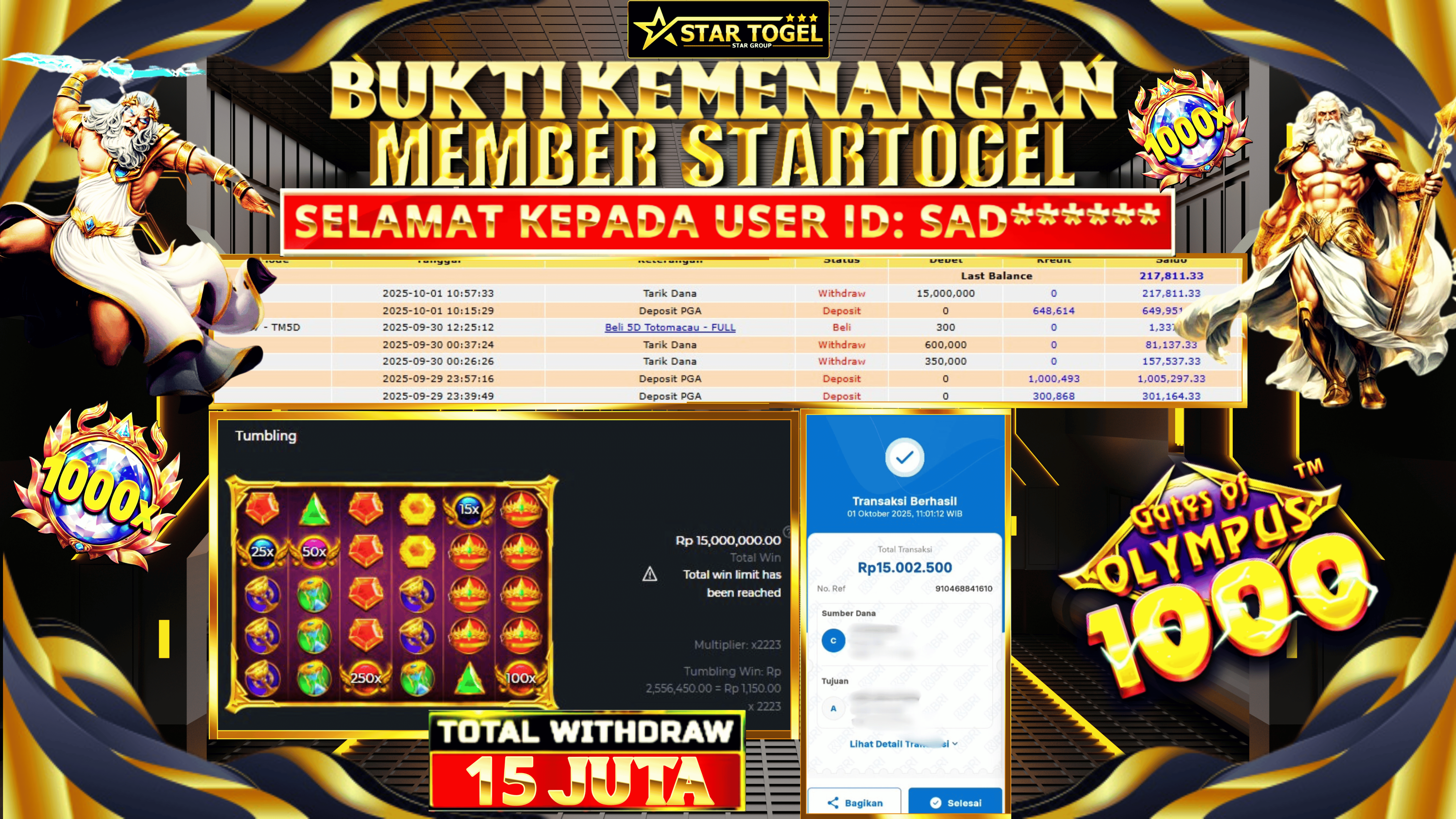 JACKPOT SLOT GATES OF OLYMPUS 1000 HINGGA 15 JUTA, 01 OKTOBER 2025