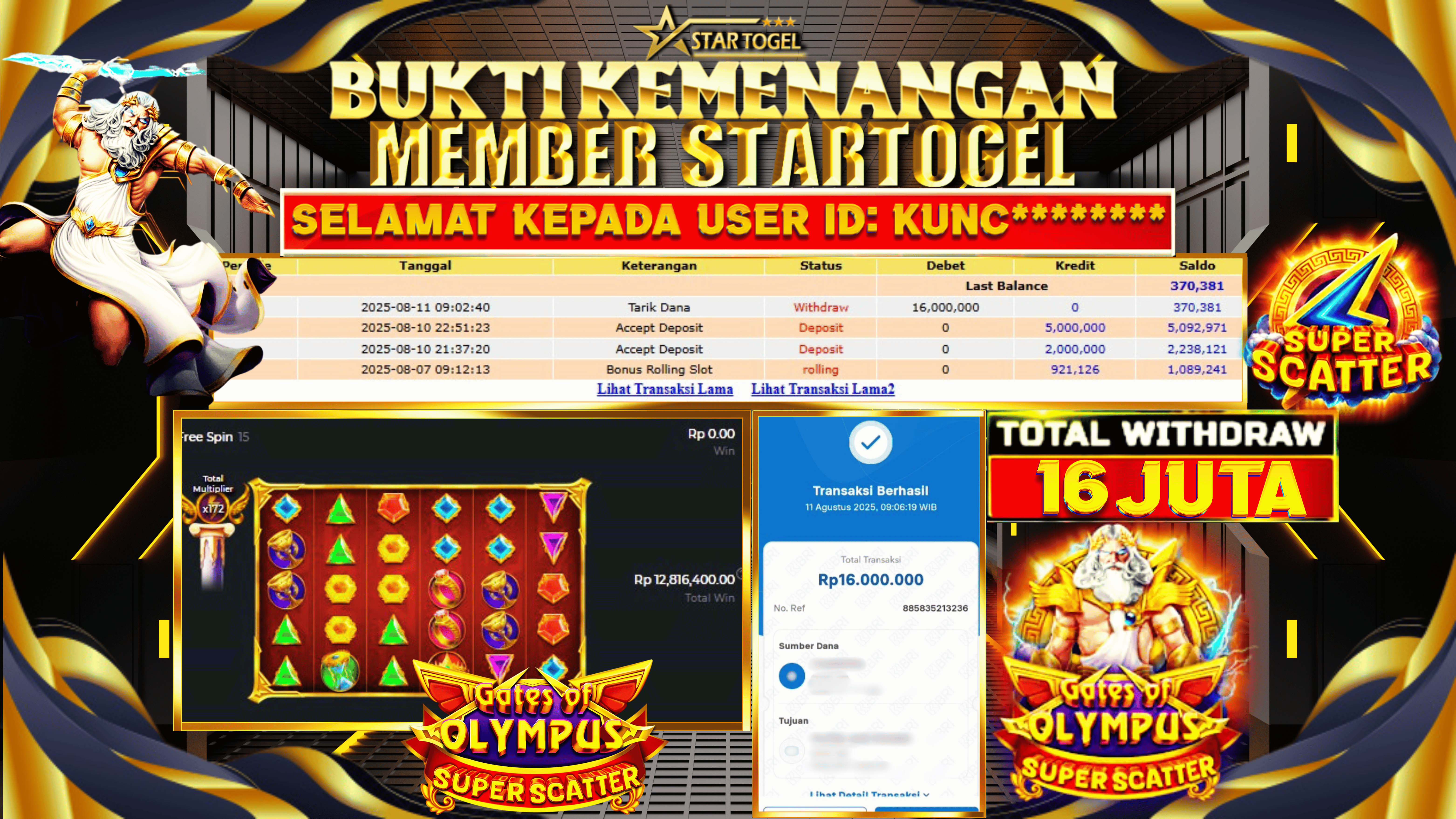 JACKPOT SLOT GATES OF OLYMPUS SUPER SCATTER HINGGA 16 JUTA, 11 AGUSTUS 2025