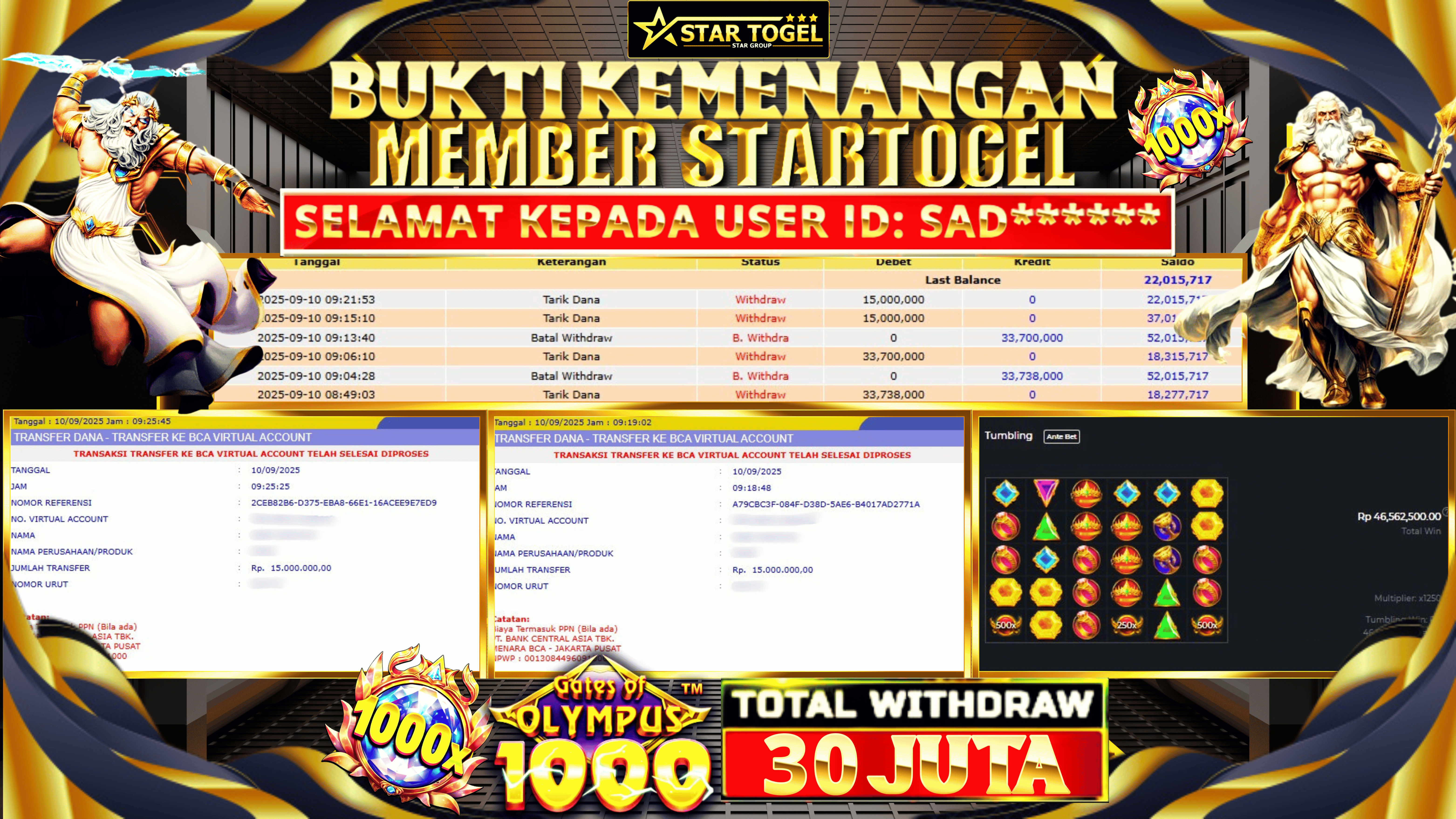 JACKPOT SLOT GATES OF OLYMPUS 1000 HINGGA 30 JUTA,  10 SEPTEMBER 2025