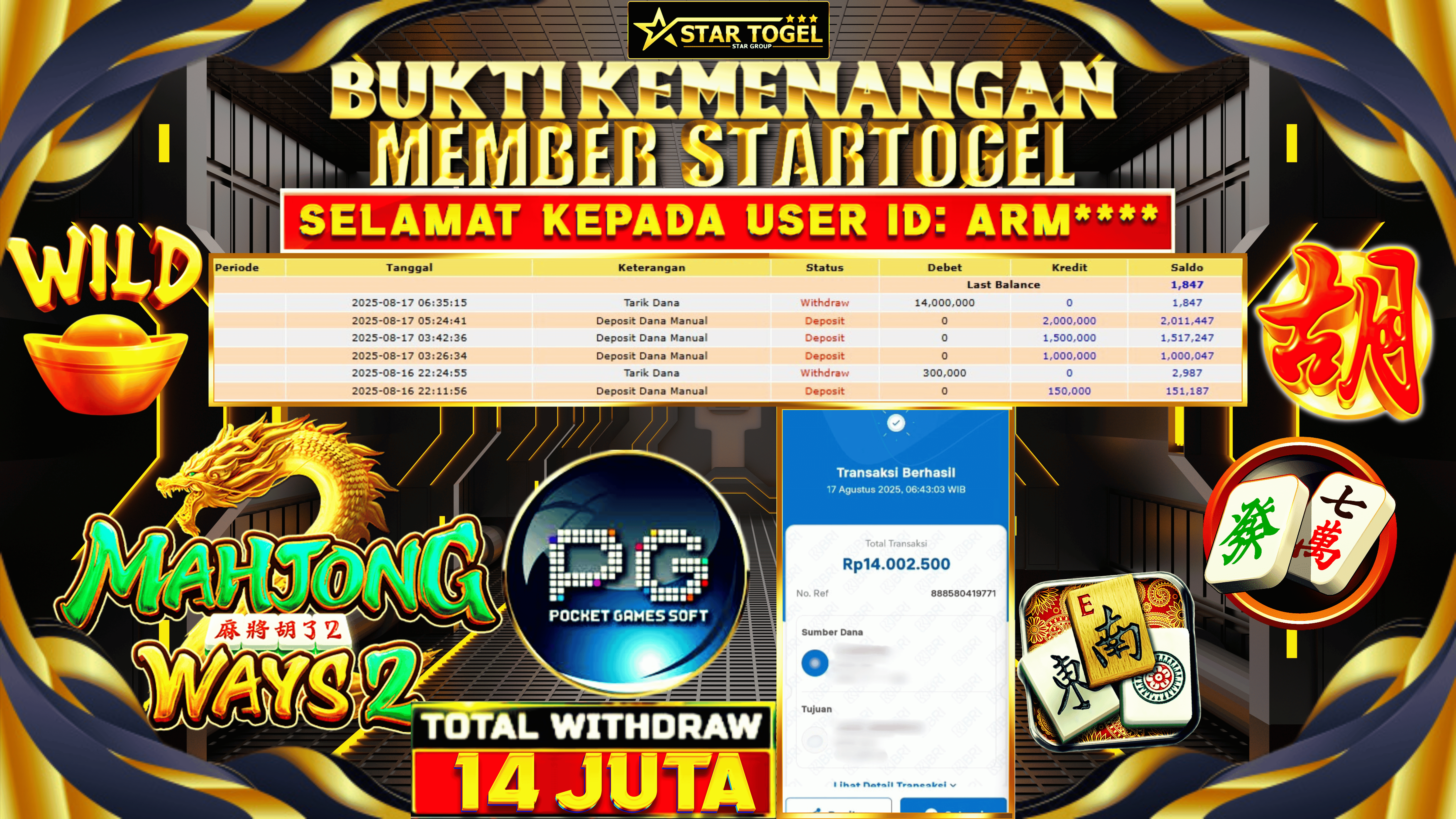 JACKPOT SLOT MAHJONG WAYS 2 HINGGA  14 JUTA, 17 AGUSTUS 2025