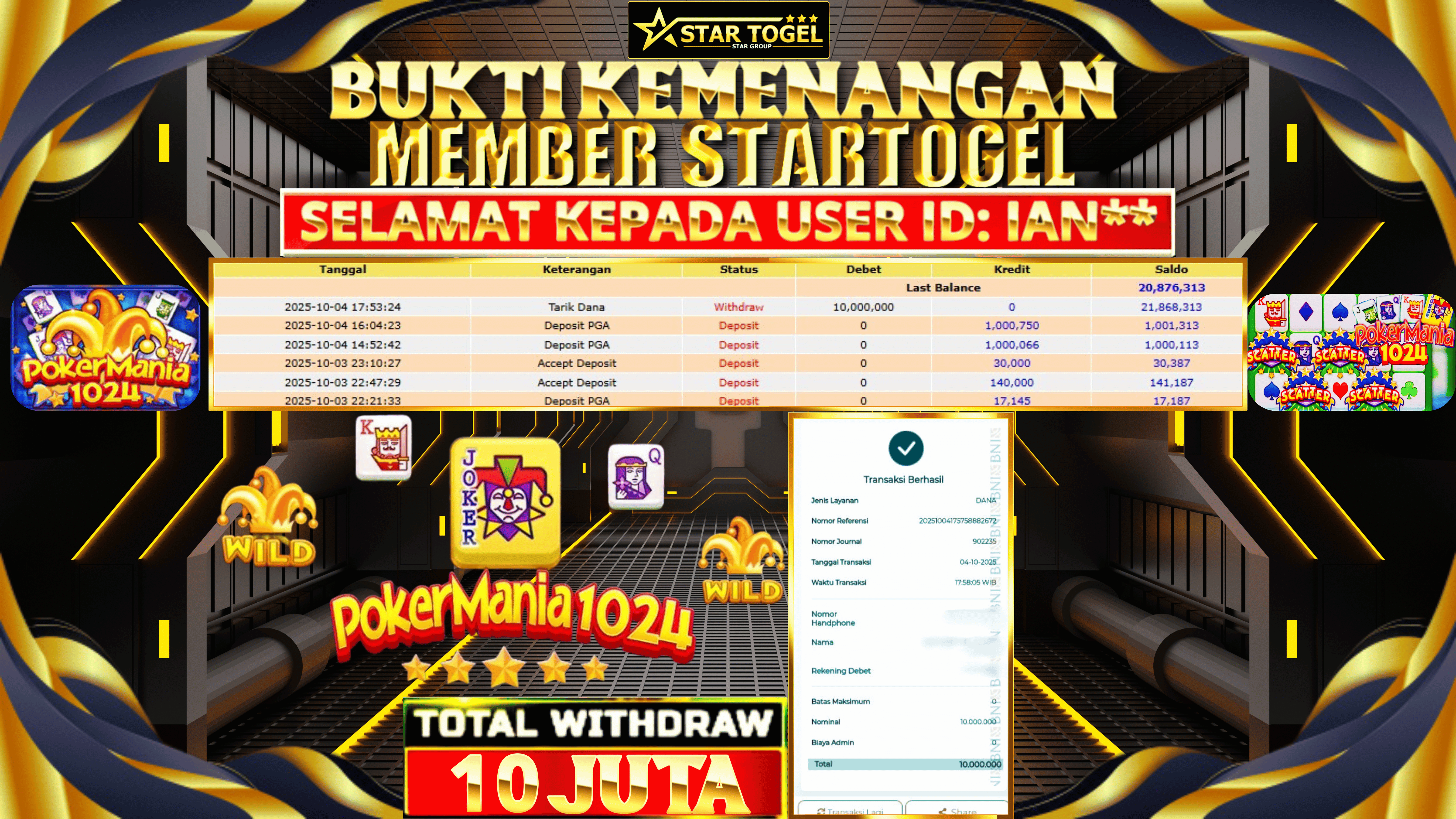 JACKPOT POKER MANIA 1024 HINGGA 10 JUTA, 04 OKTOBER 2025 