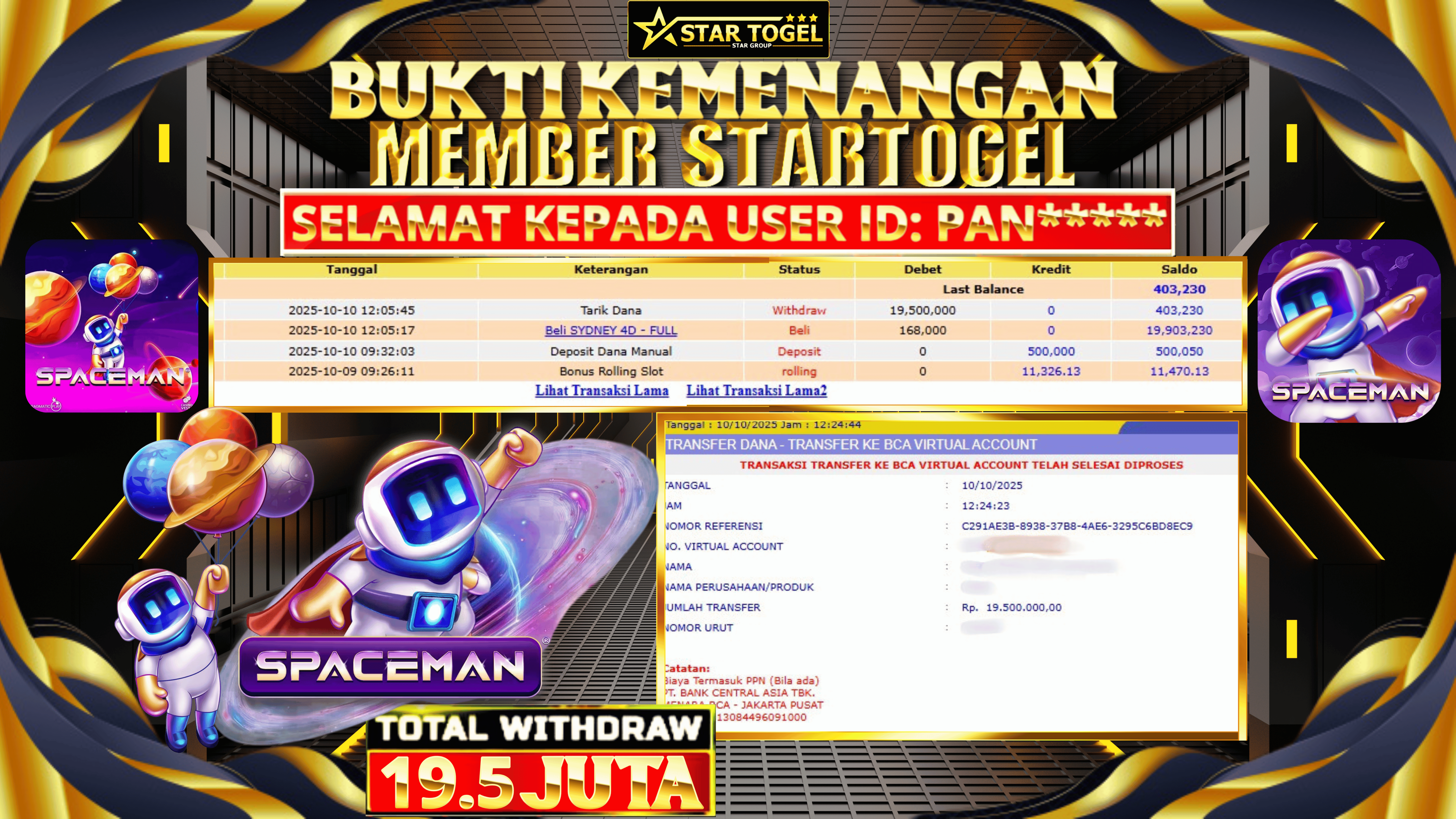 JACKPOT SLOT SPACEMAN HINGGA 19.5 JUTA, 10 OKTOBER 2025