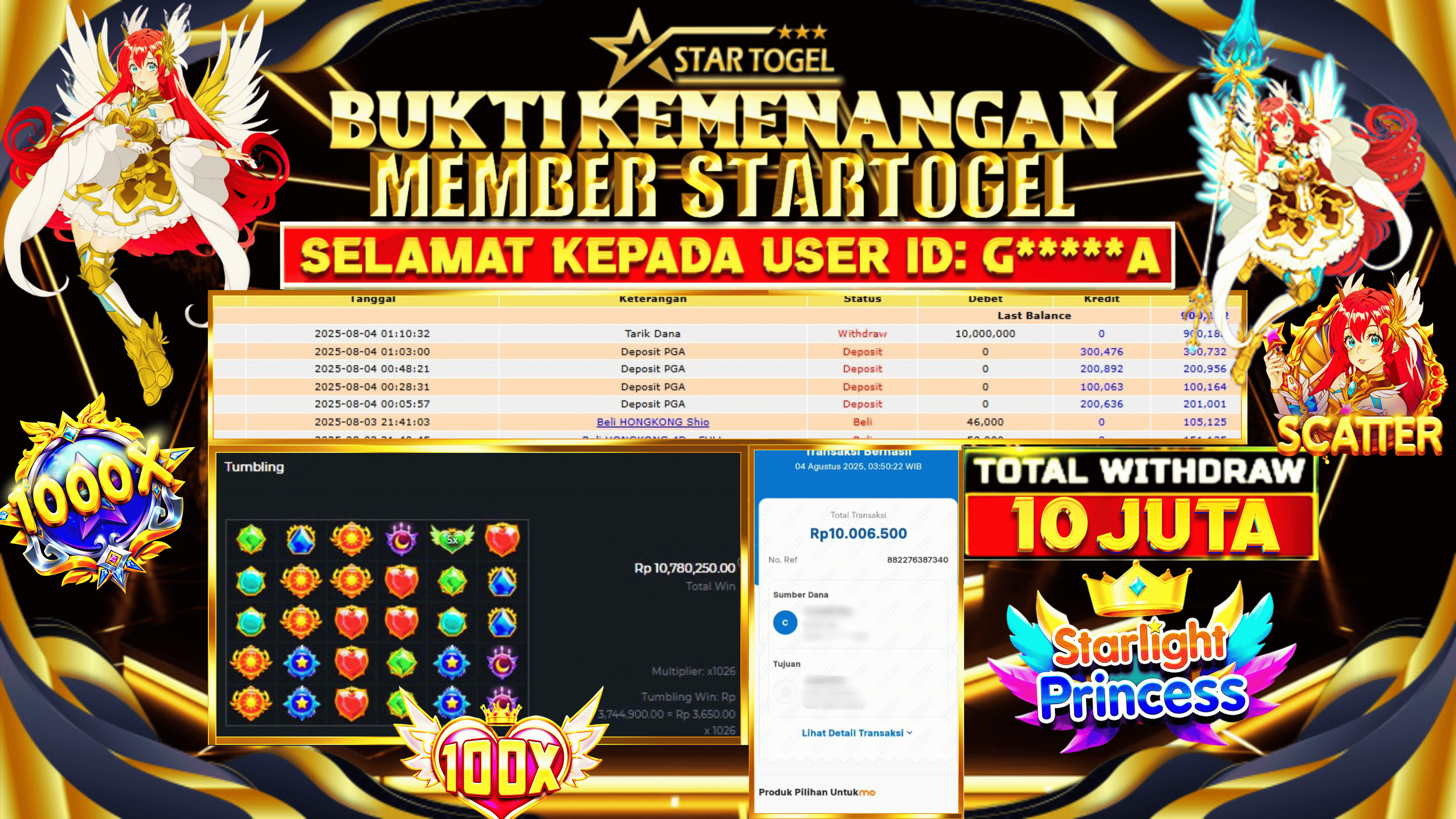 JACKPOT SLOT STARLIGHT PRINCESS HINGGA 10 JUTA, 05 AGUSTUS 2025 