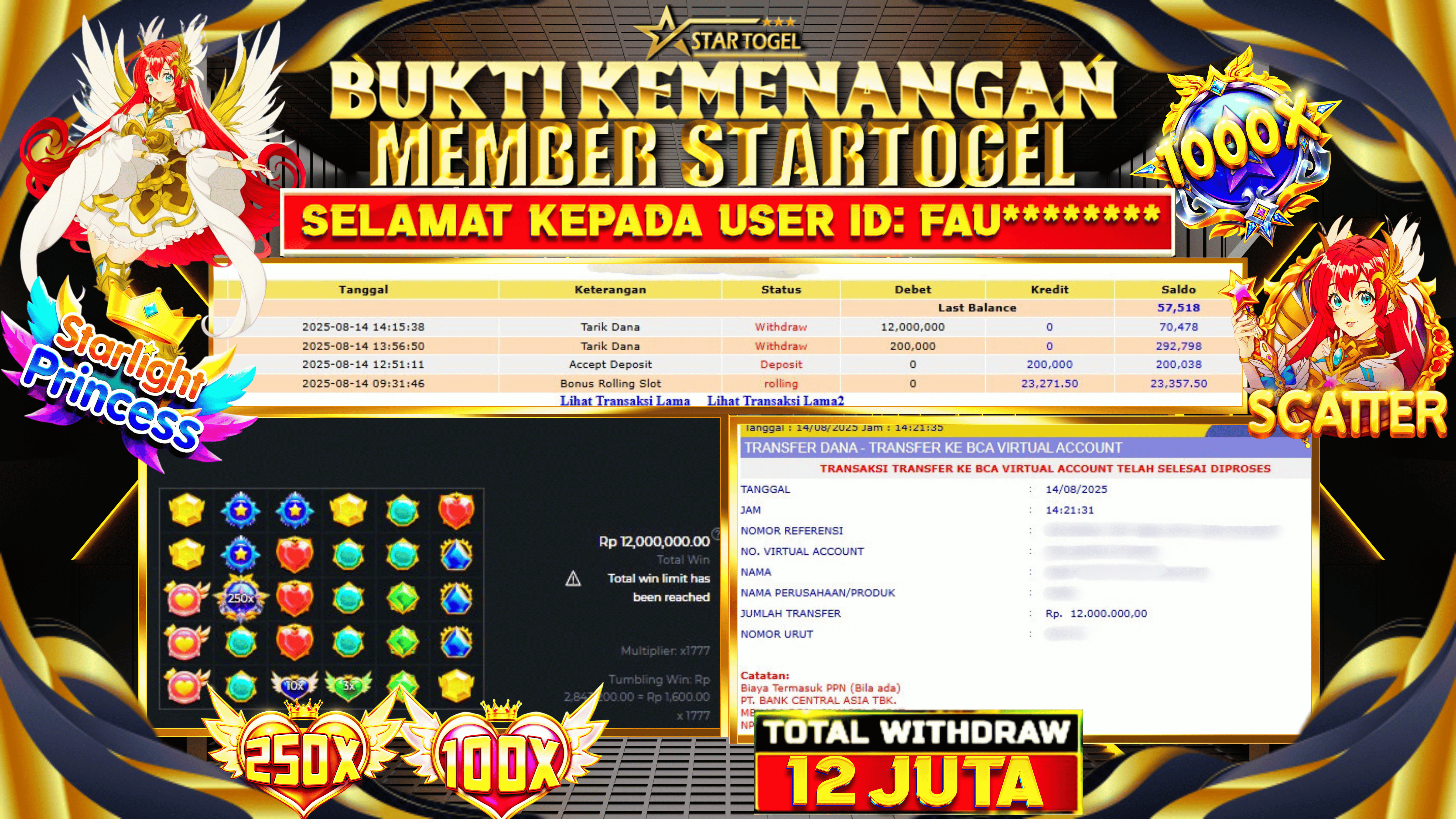 JACKPOT SLOT STARLIGHT PRINCESS HINGGA 12 JUTA, 14 AGUSTUS 2025 