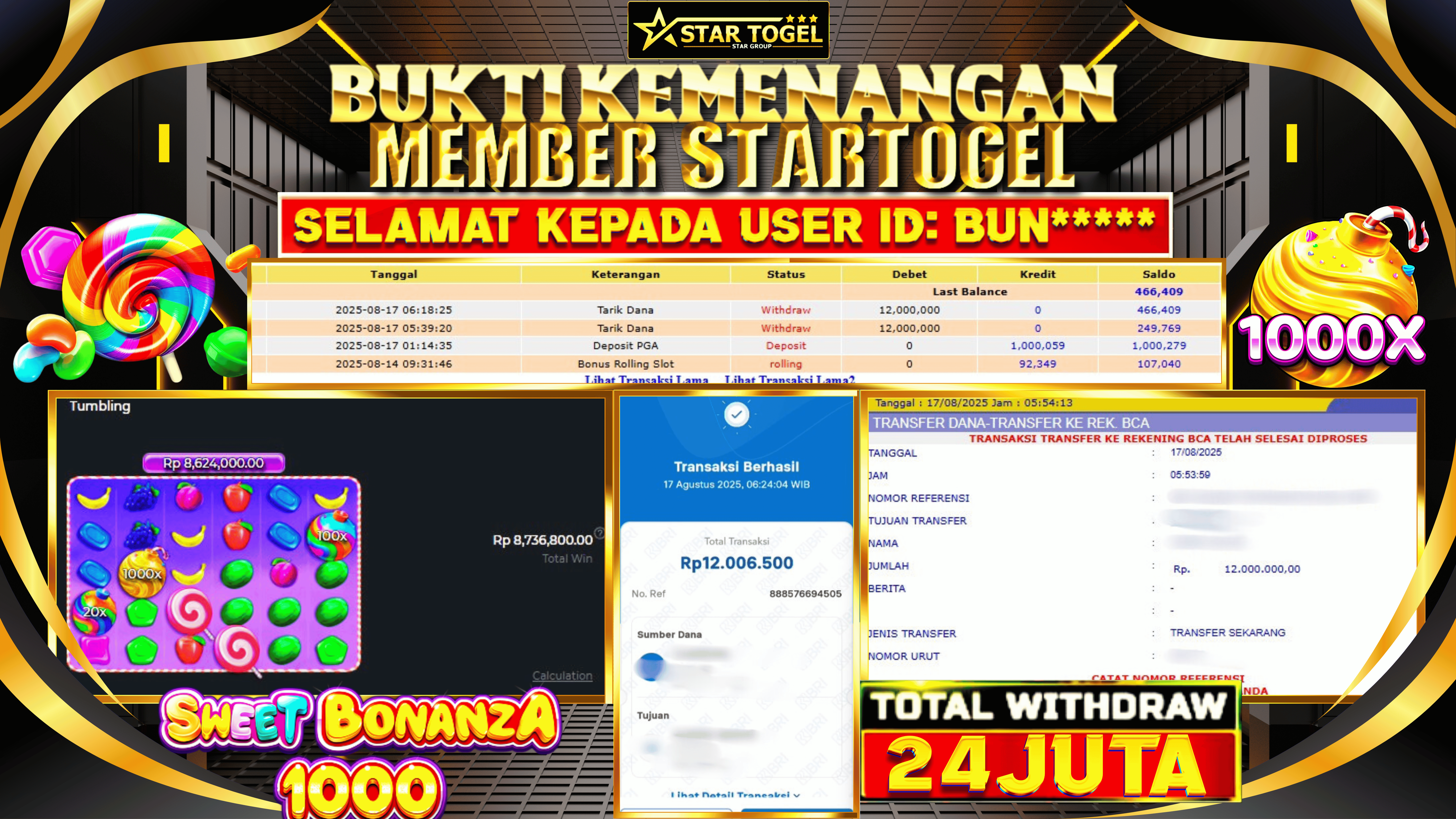 JACKPOT SLOT SWEET BONANZA 1000 HINGGA 24 JUTA, 17 AGUSTUS 2025
