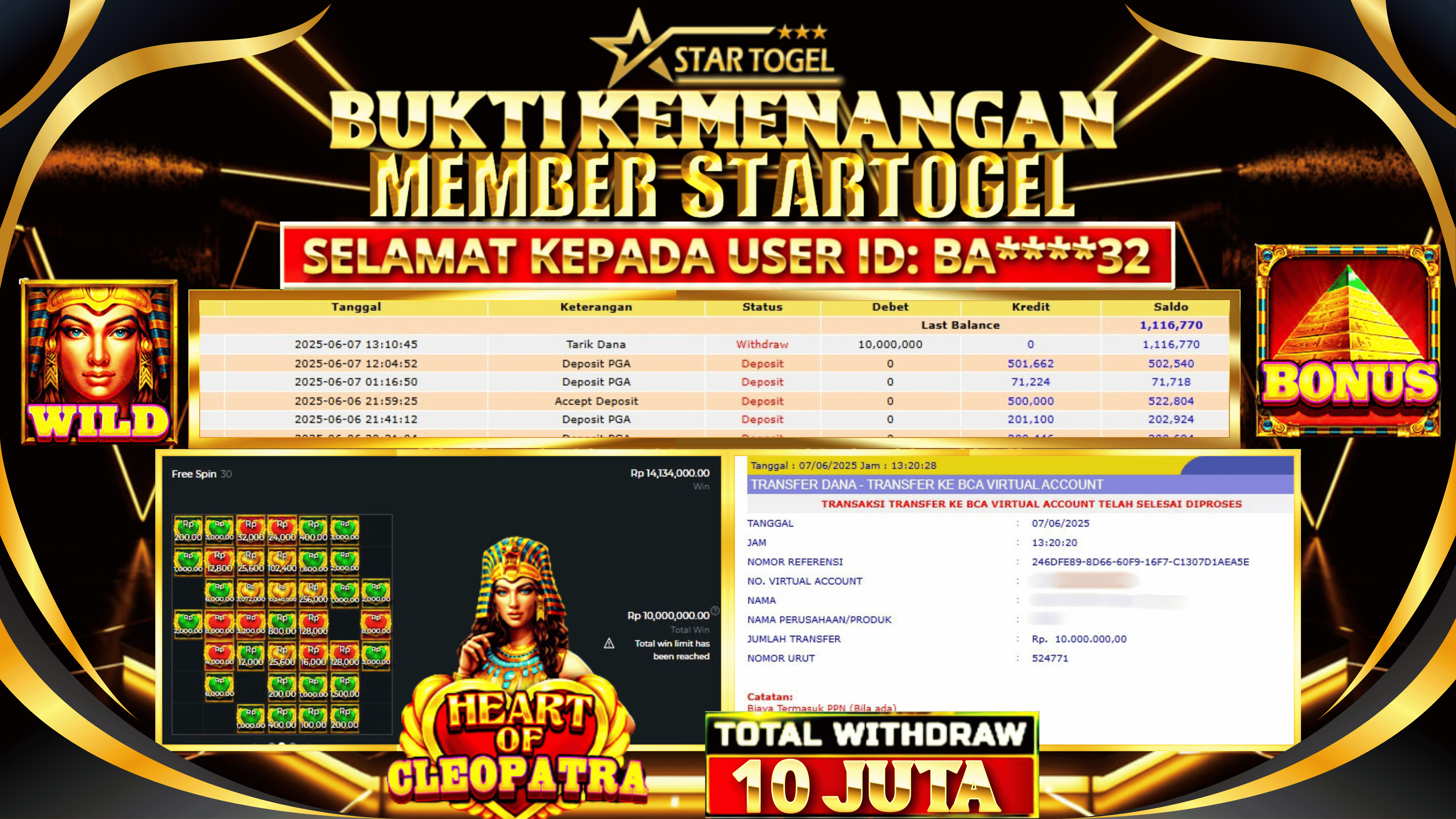 JACKPOT SLOT HEART OF CLEOPATRA HINGGA 10 JUTA, 07 JUNI 205
