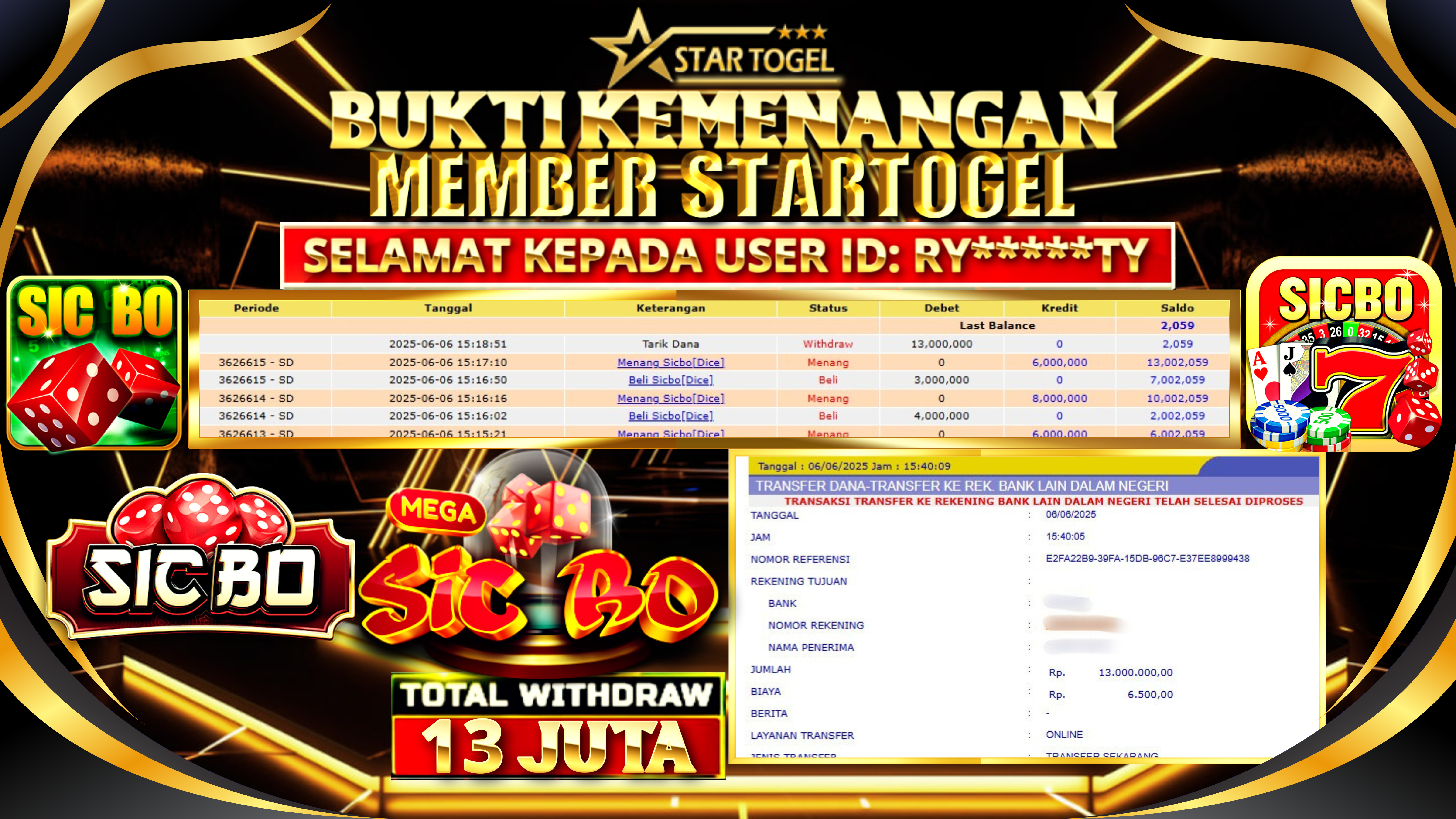 JACKPOT LIVE CASINO SICBO HINGGA 13 JUTA, 06 JUNI 2025