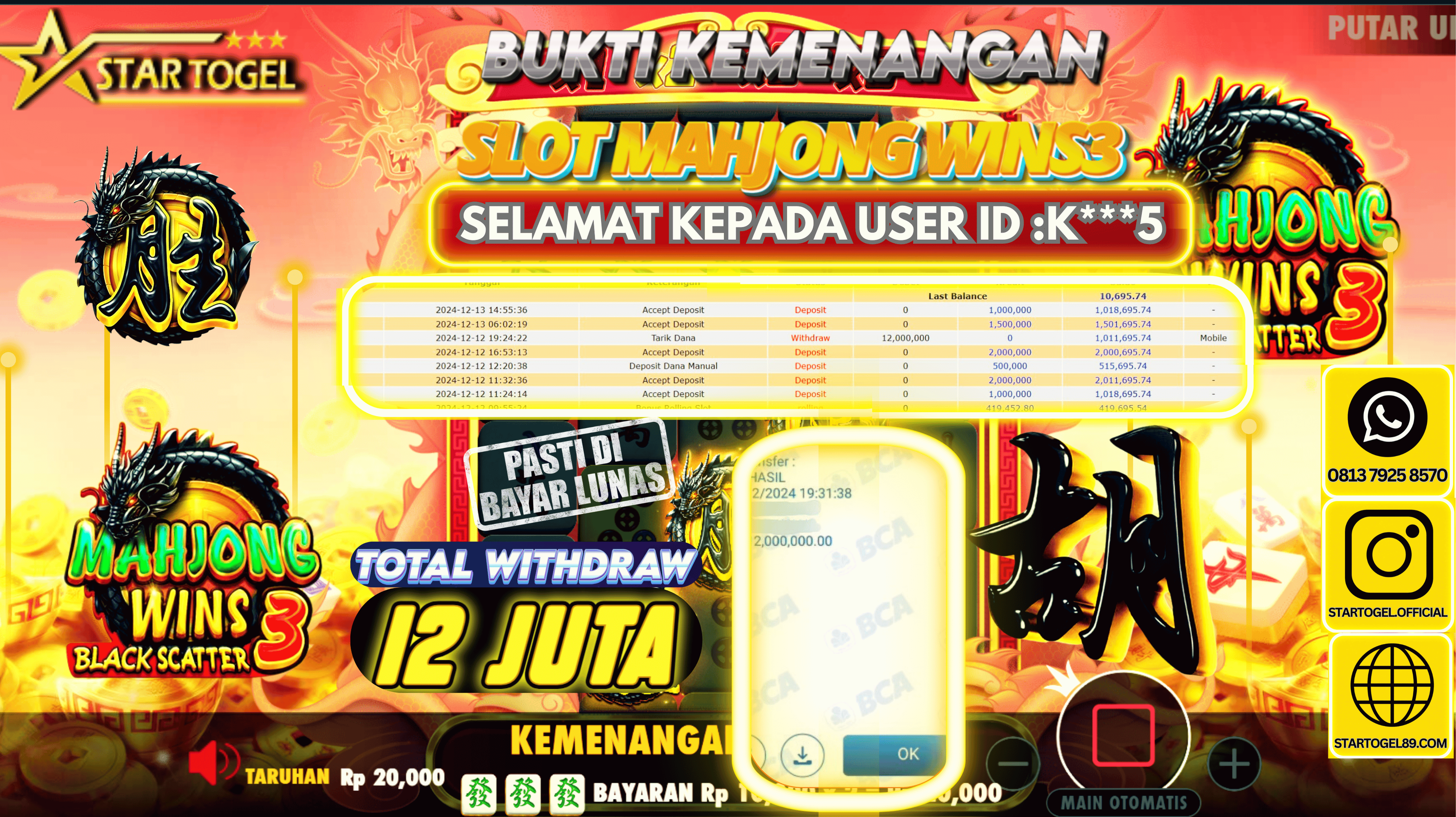 JACKPOT SLOT MAHJONG WINS3 BLACK SCATTER HINGGA 12JUTA,13 DECEMBER 2024