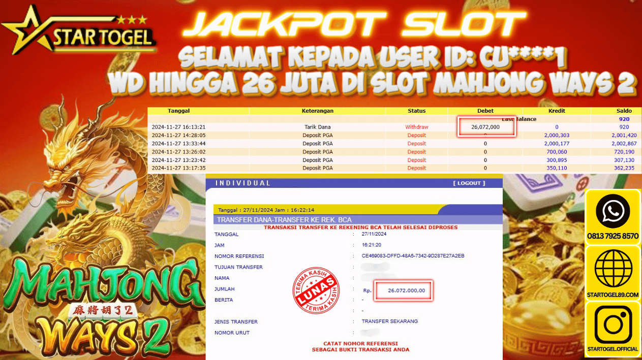 JACKPOT SLOT MAHJONG WAYS2 HINGGA 26 JUTA, 28NOVEMBER 2024