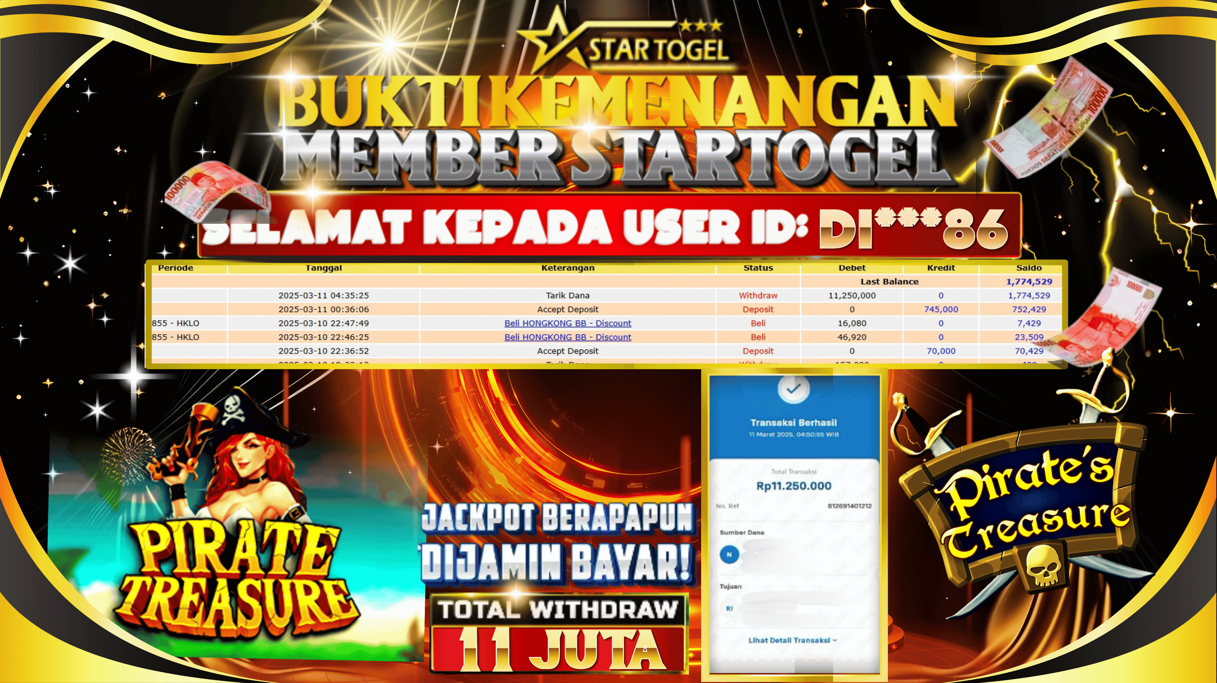 JACKPOT SLOT PIRATE TREASURE HINGGA 11JUTA, 11 MARET 2025