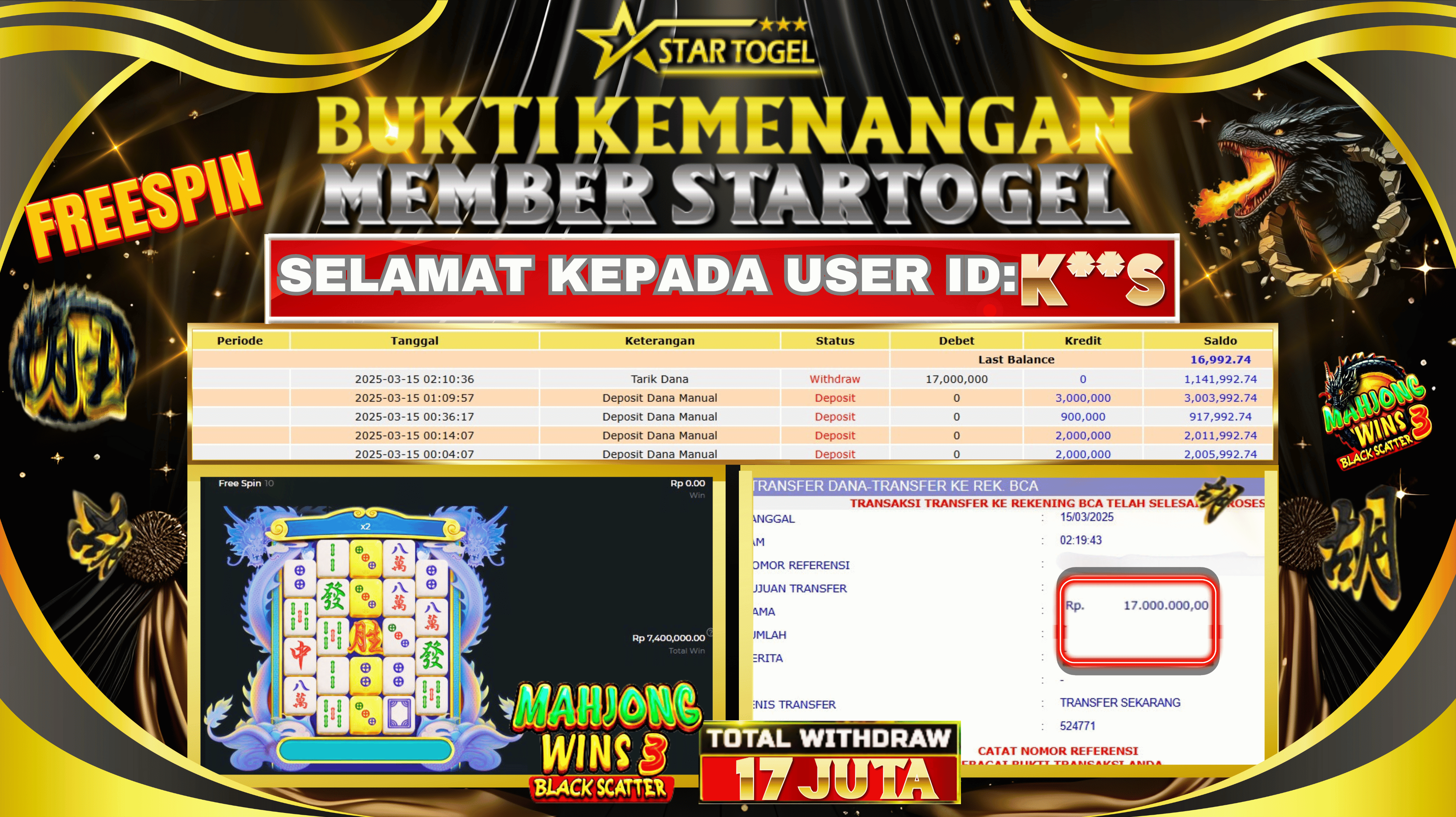 JACKPOT SLOT MAHJONG WINS3 HINGGA 17 JUTA, 15 MARET 2025