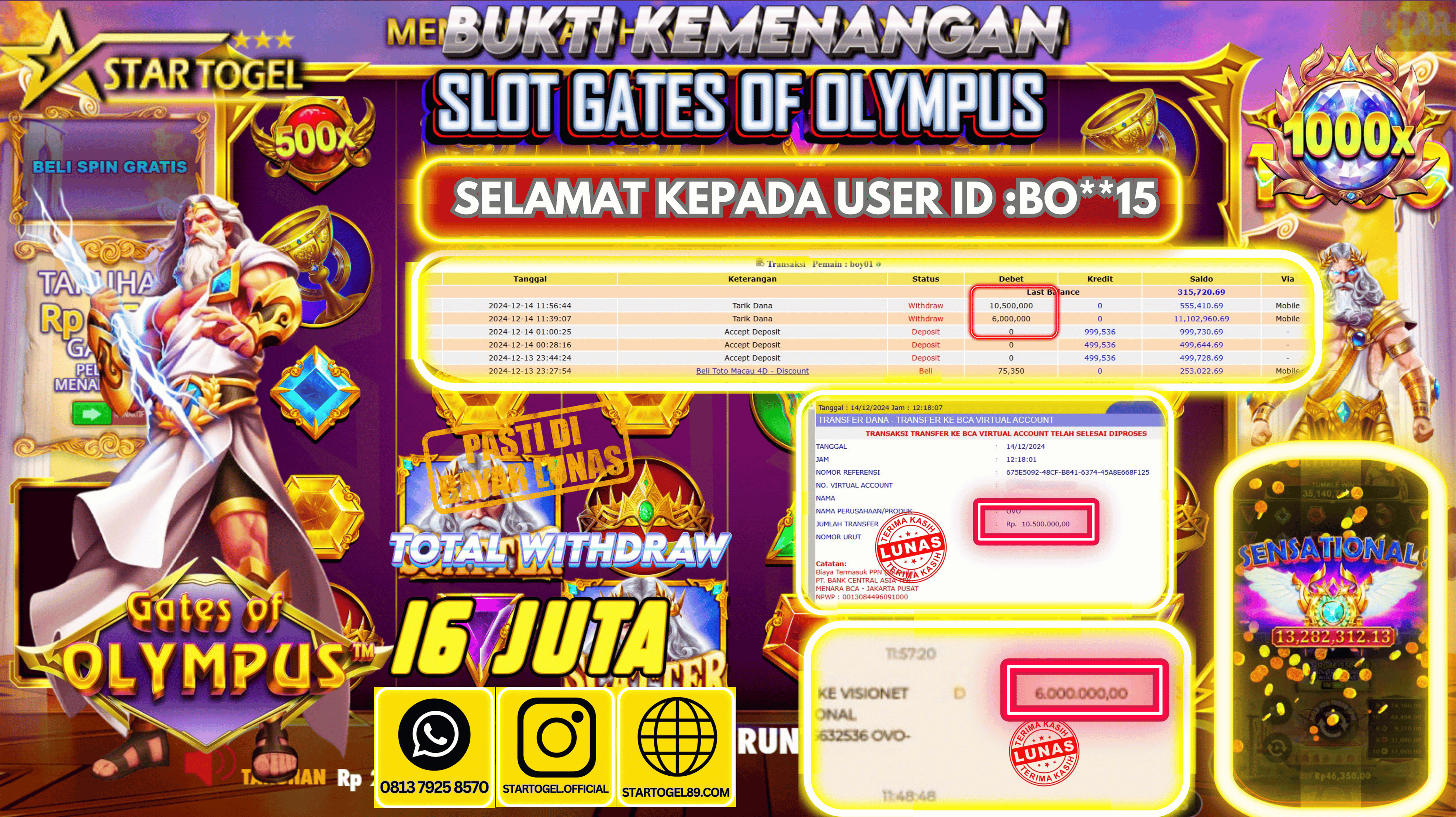 JACKPOT SLOT GATES OF OLYMPUS HINGGA 16 JUTA,  14 DESEMBER 2024