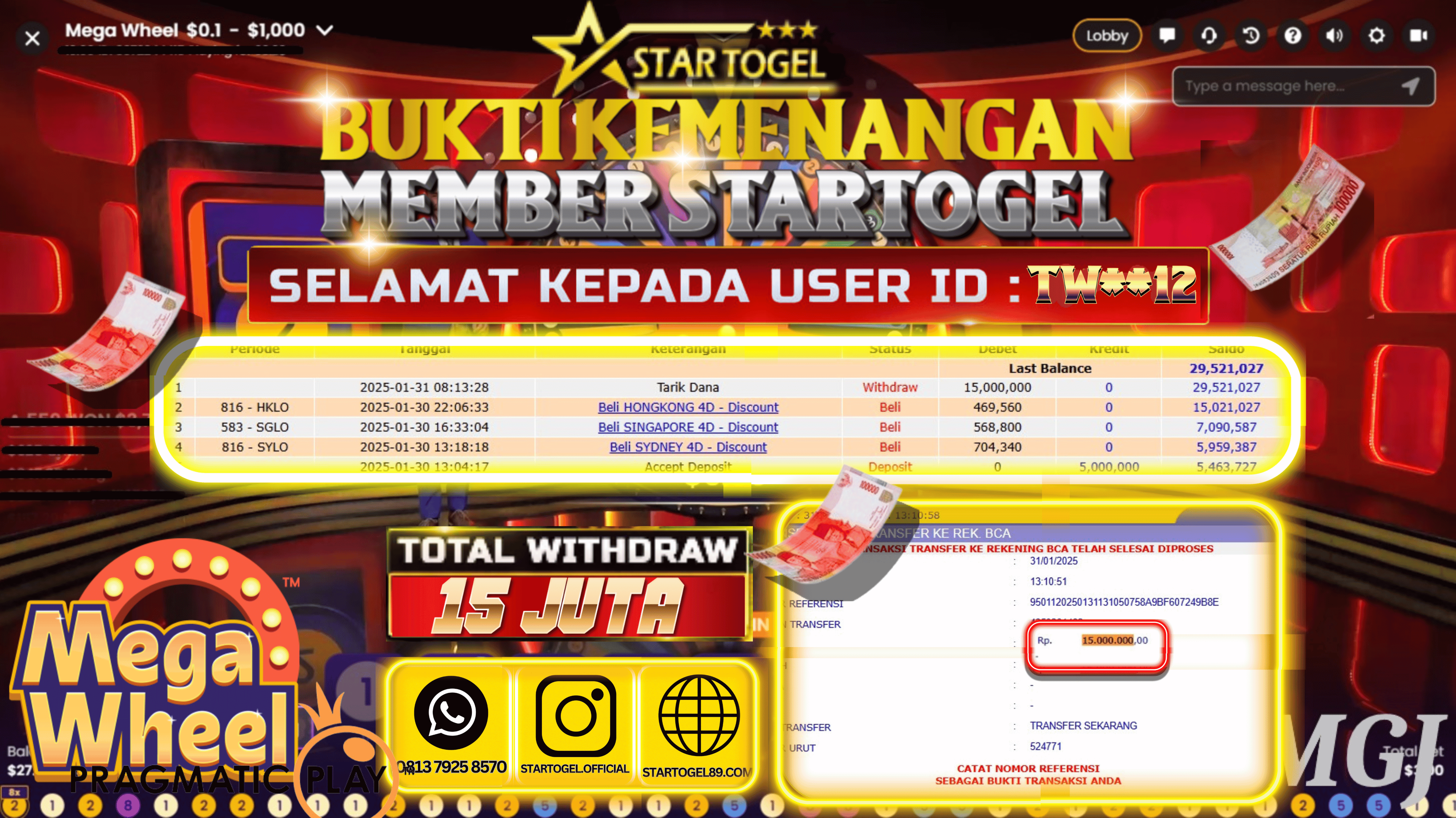 JACKPOT LIVE MEGAWHEEL HINGGA 15 JUTA, 31 JANUARY 2025