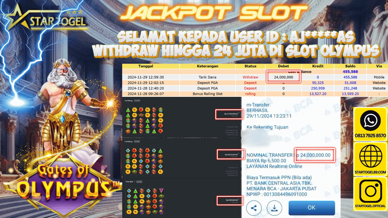 JACKPOT SLOT GATES OF OLYMPUS HINGGA 24 JUTA, 29 NOVEMBER 2024