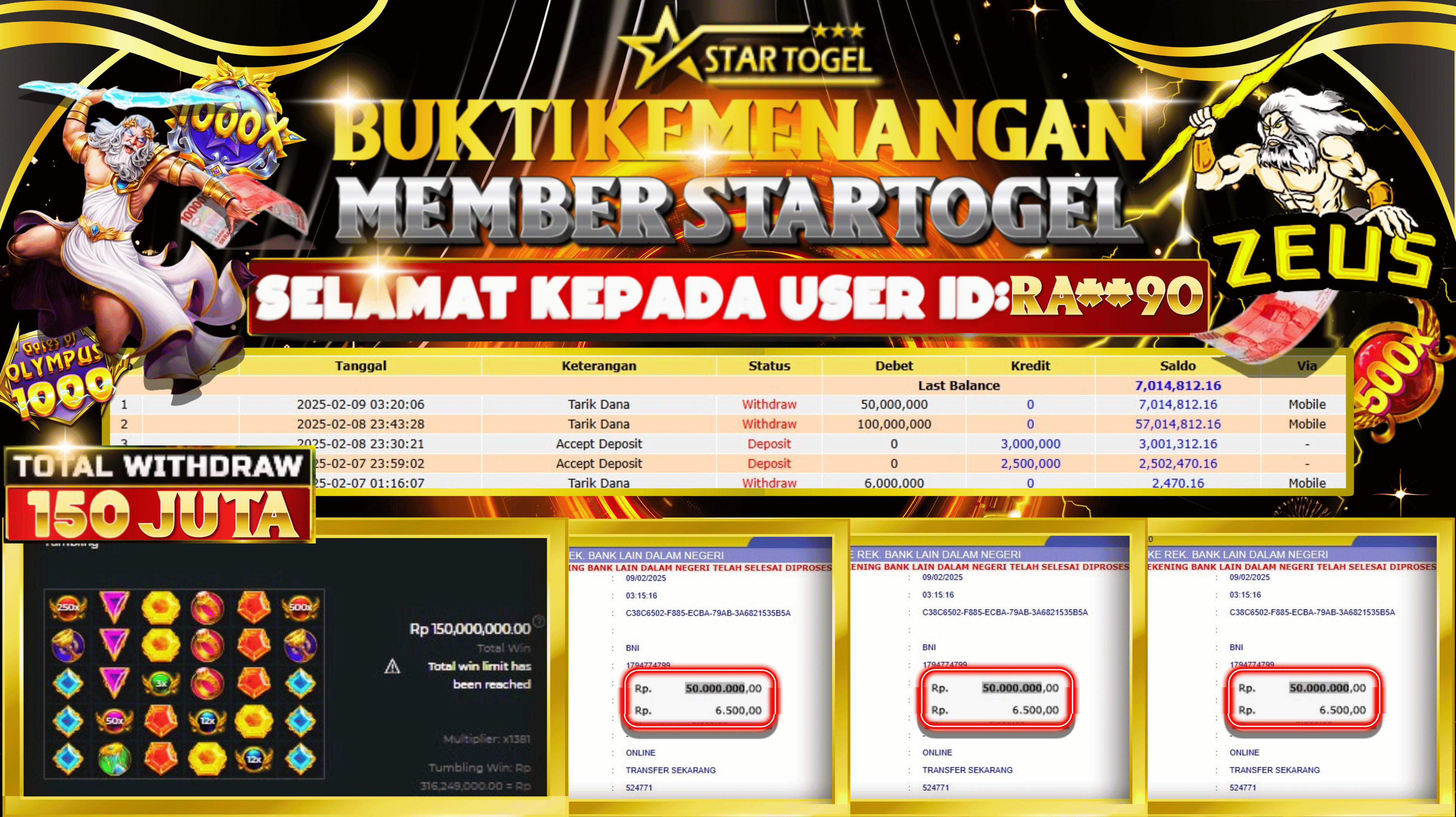 JACKPOT SLOT GATES OF OLYMPUS HINGGA 150 JUTA, 09 FEBRUARI 2025