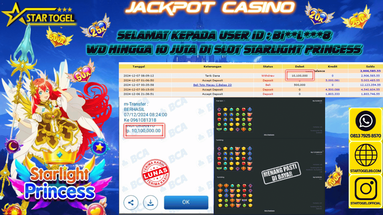 JACKPOT SLOT STARLIGHT PRINCESS HINGGA 13 JUTA, 07 DECEMBER 2024