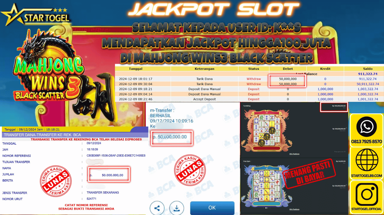 JACKPOT SLOT MAHJONG WINS3 BLACK SCATTER HINGGA 100JUTA, 09DECEMBER 2024