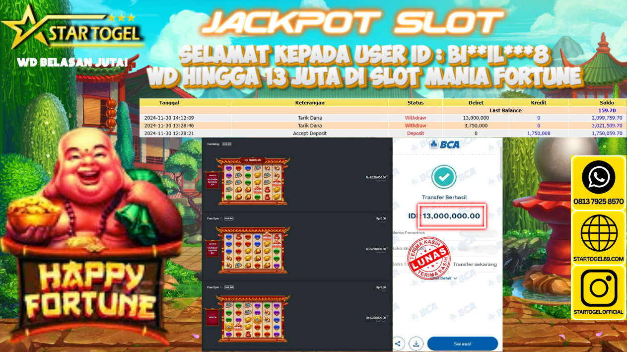 JACKPOT SLOT MANIA FORTUNE HINGGA 13 JUTA, 30 NOVEMBER 2024
