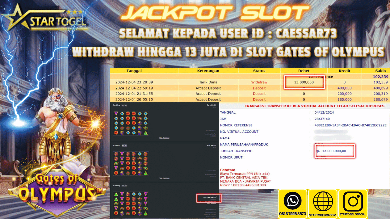 JACKPOT SLOT GATES OF OLYMPUS HINGGA 13 JUTA,  05 DESEMBER 2024