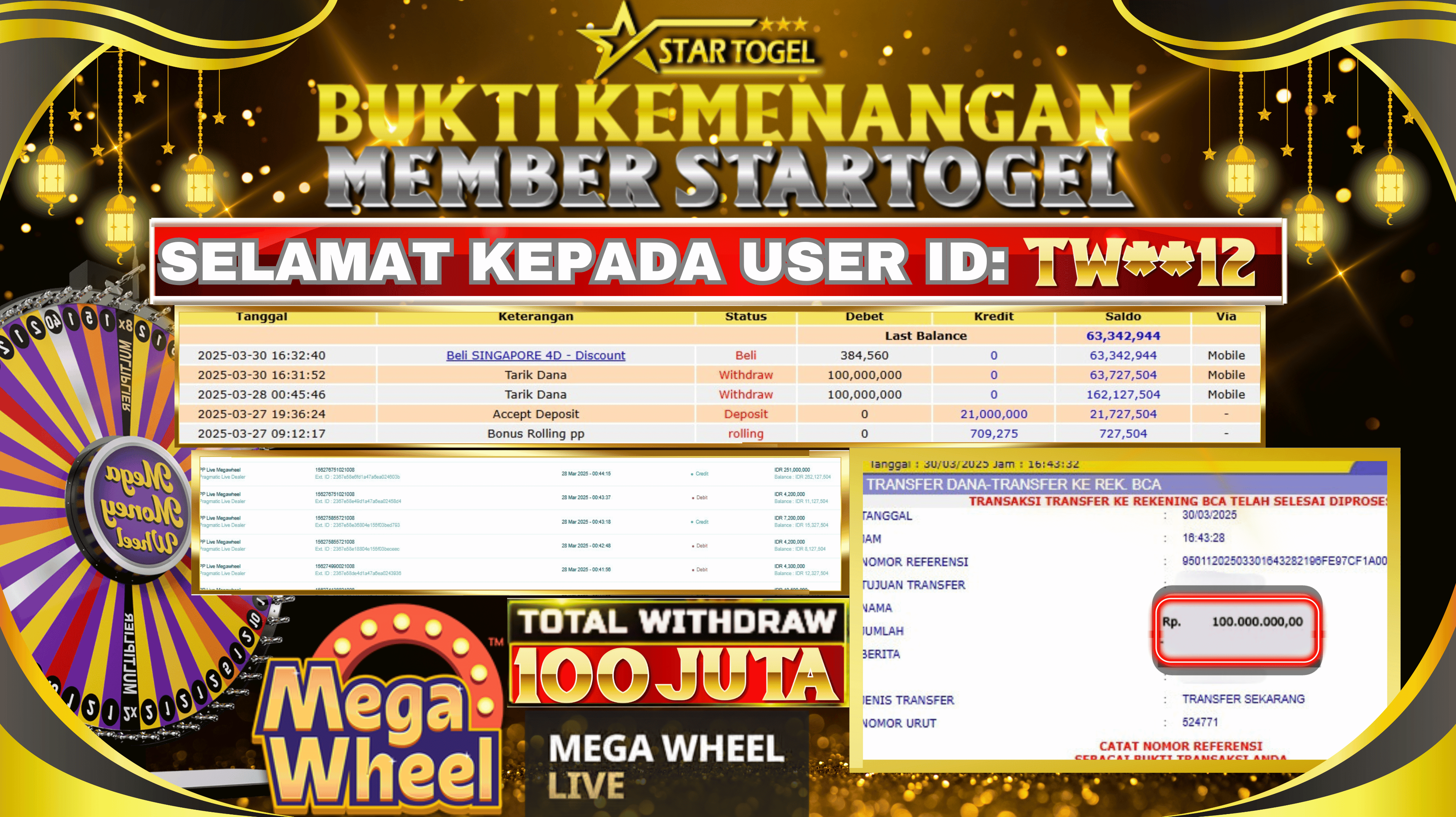 JACKPOT LIVE DEALER MEGA WHEEL HINGGA 100 JUTA, 30 MARET 2025