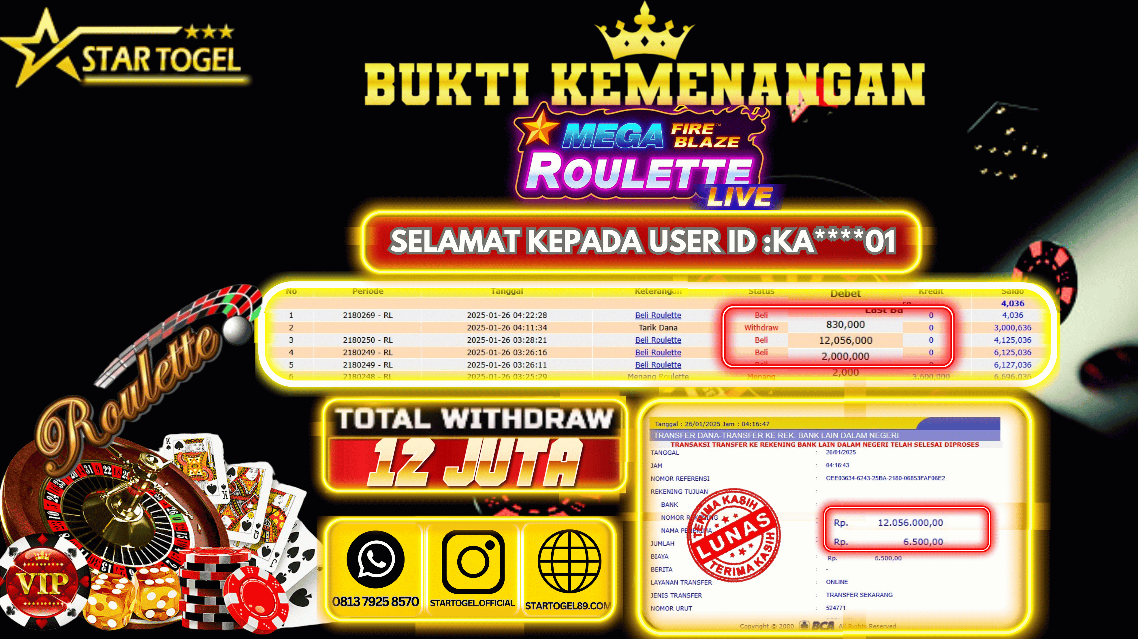 JACKPOT LIVE CASINO ROULETTE HINGGA 12 JUTA, 26 JANUARY 2025