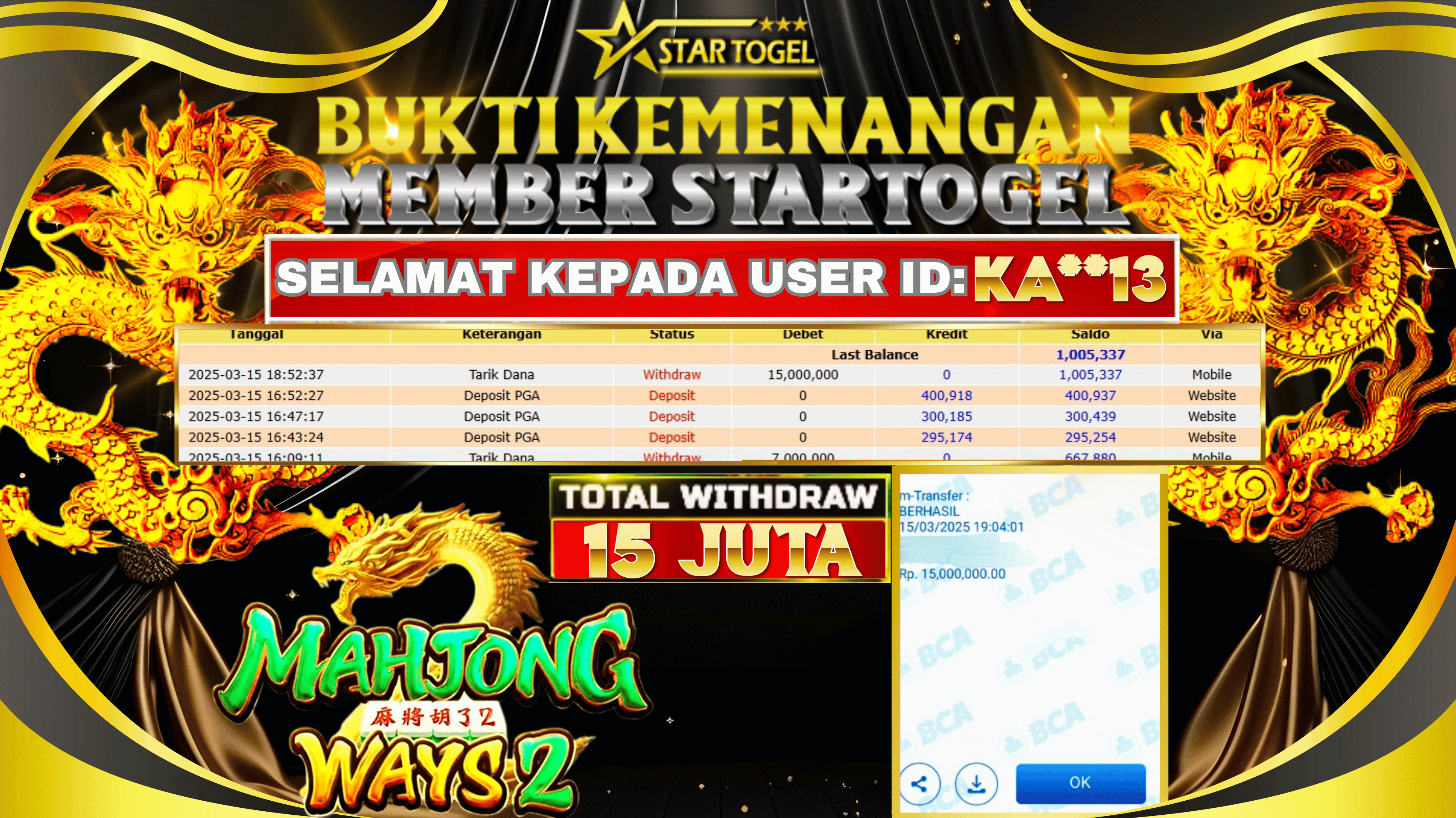 JACKPOT SLOT MAHJONG WAYS2 HINGGA 15 JUTA, 15 MARET 2025