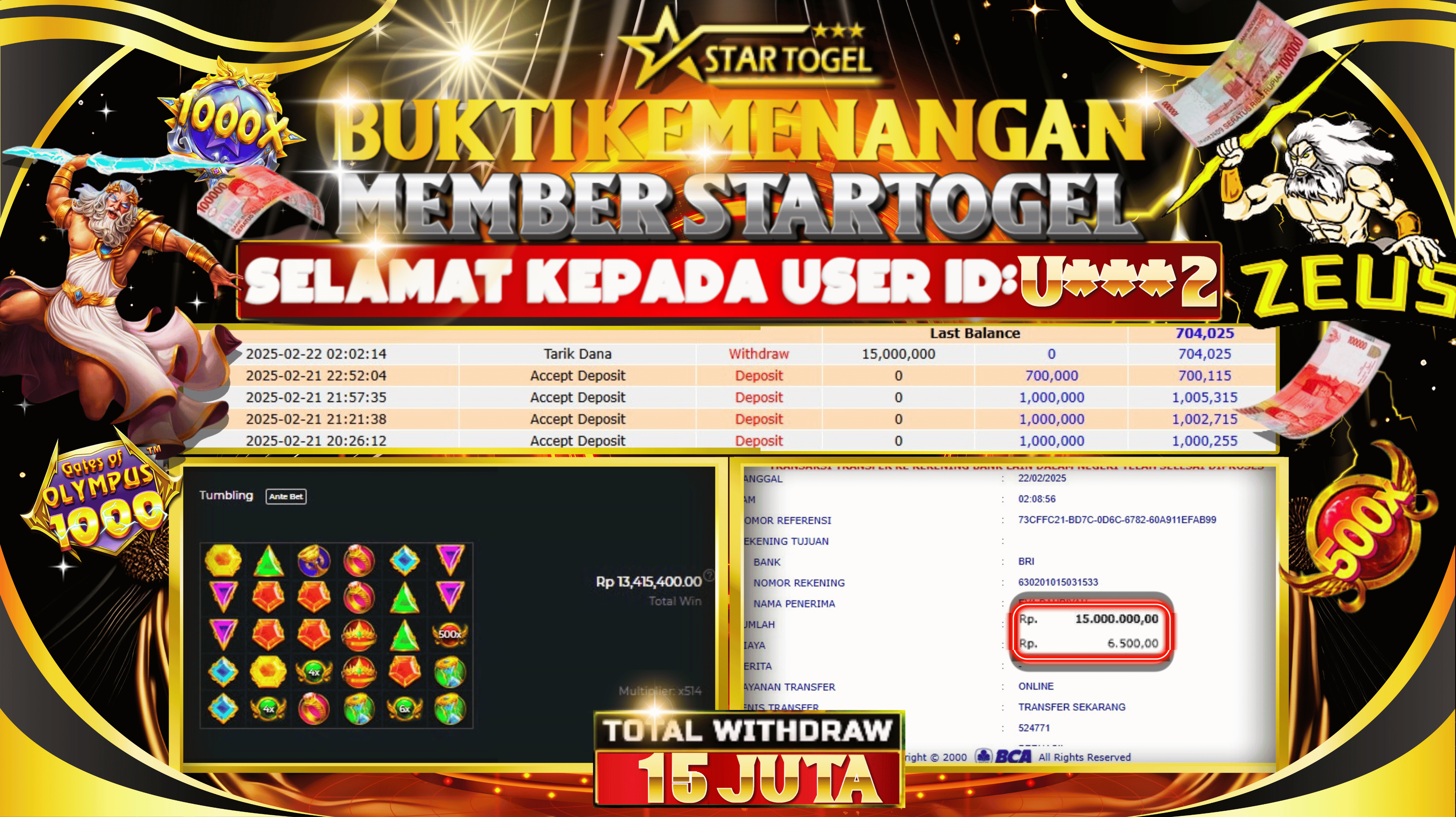 JACKPOT SLOT GATES OF OLYMPUS 1000 HINGGA 15 JUTA, 22 FEBRUARI 2025