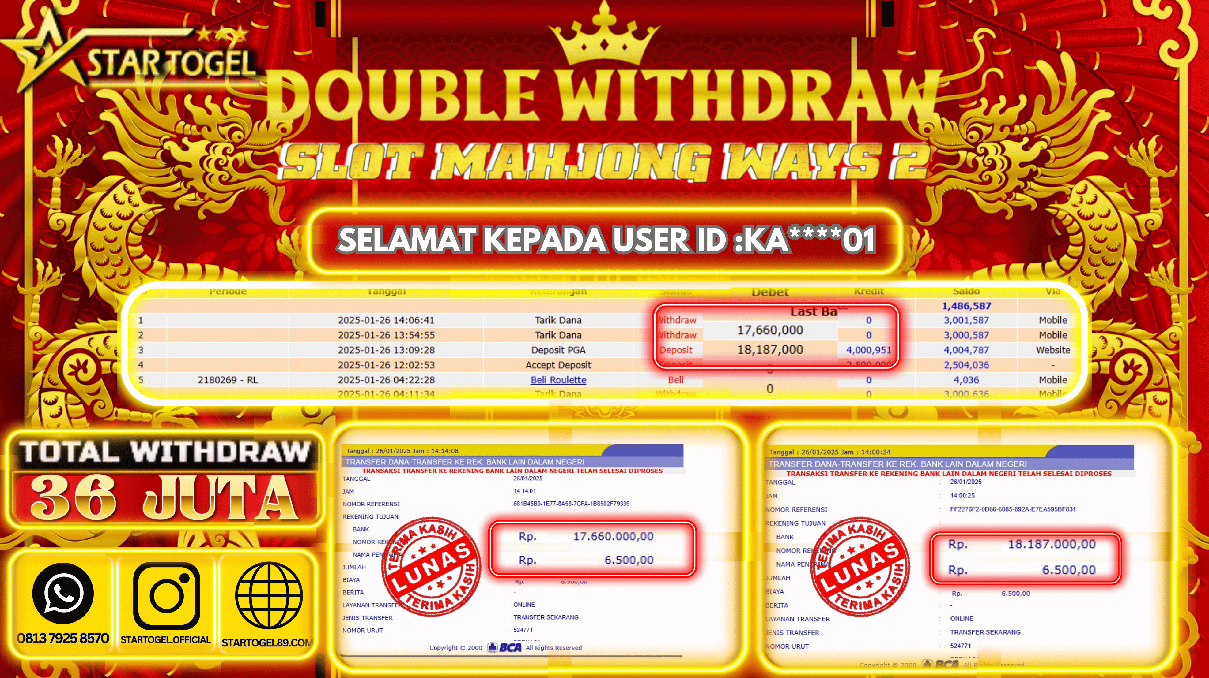 JACKPOT SLOT MAHJONG WAYS2 HINGGA 36 JUTA, 26 JANUARY 2025