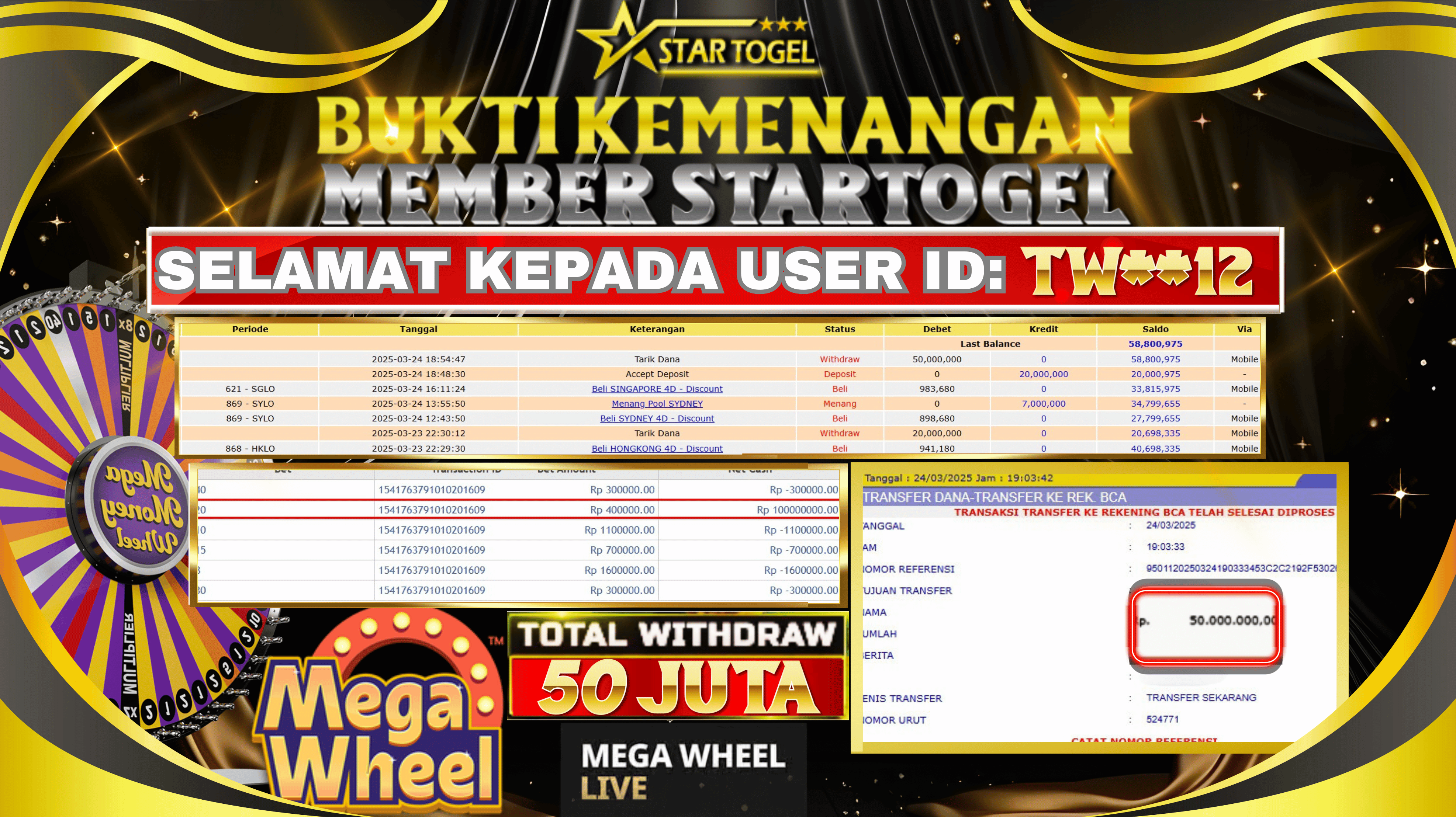 JACKPOT LIVE DEALER MEGA WHEEL HINGGA 50 JUTA, 25 MARET 2025