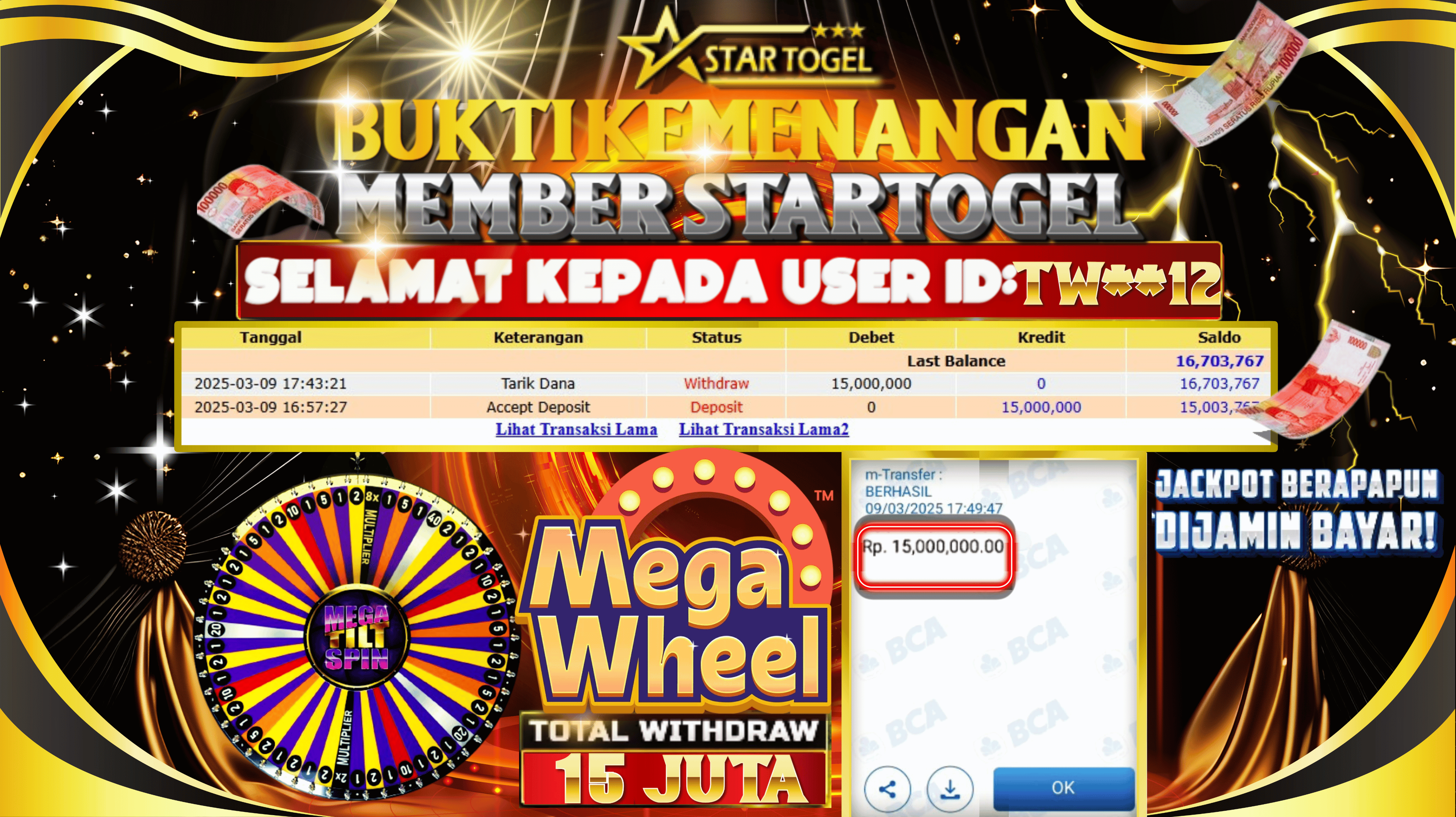JACKPOT LIVE MEGAWHEEL HINGGA 15 JUTA, 10 MARET 2025