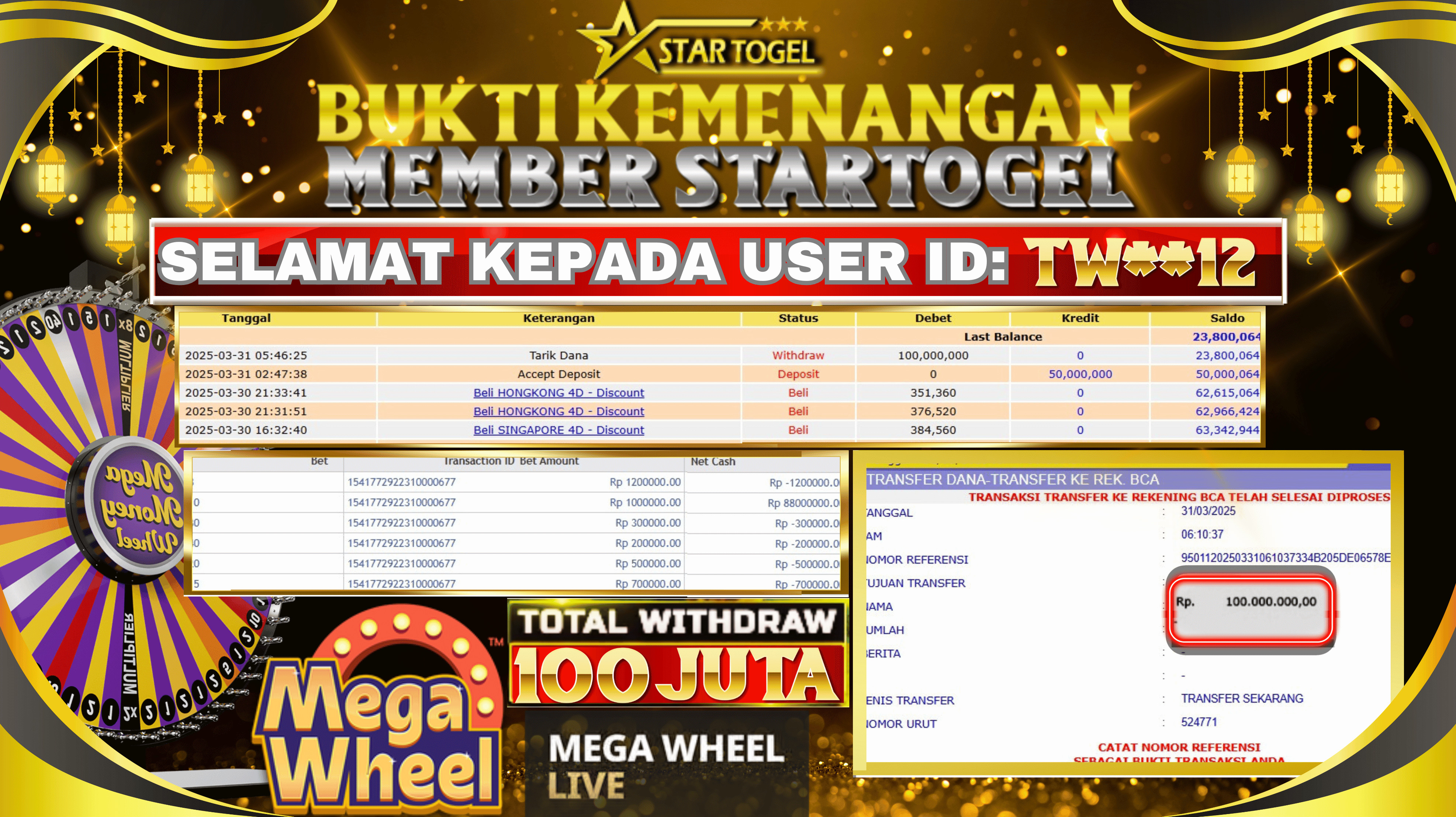 JACKPOT LIVE DEALER MEGA WHEEL HINGGA 100 JUTA, 31 MARET 2025