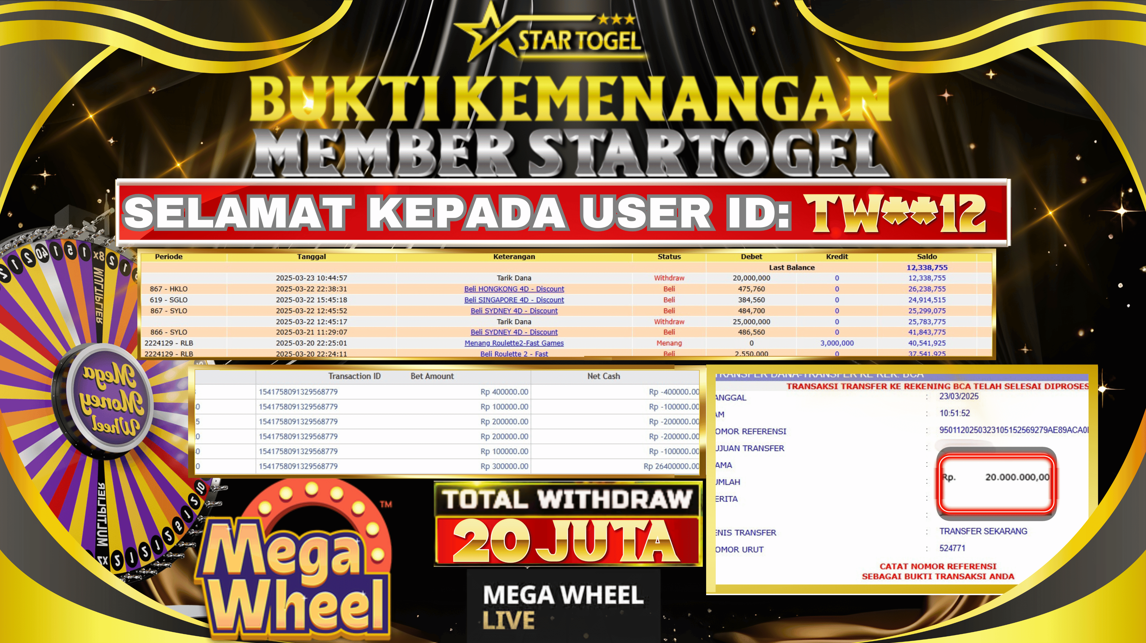 JACKPOT LIVE DEALER MEGA WHEEL HINGGA 20 JUTA, 23 MARET 2025