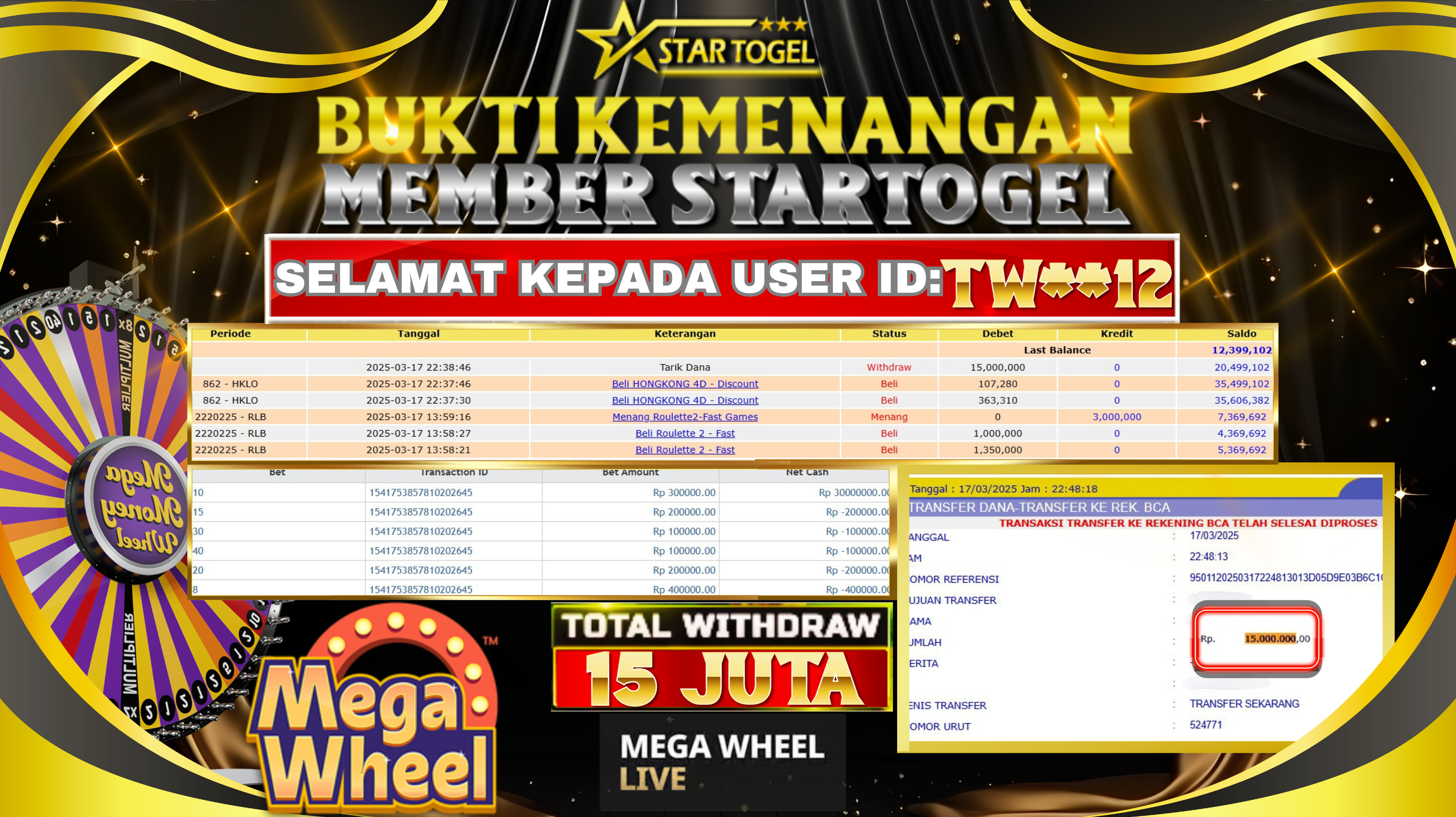 JACKPOT LIVE DELEAR MEGA WHEEL HINGGA 15 JUTA, 18 MARET 2025