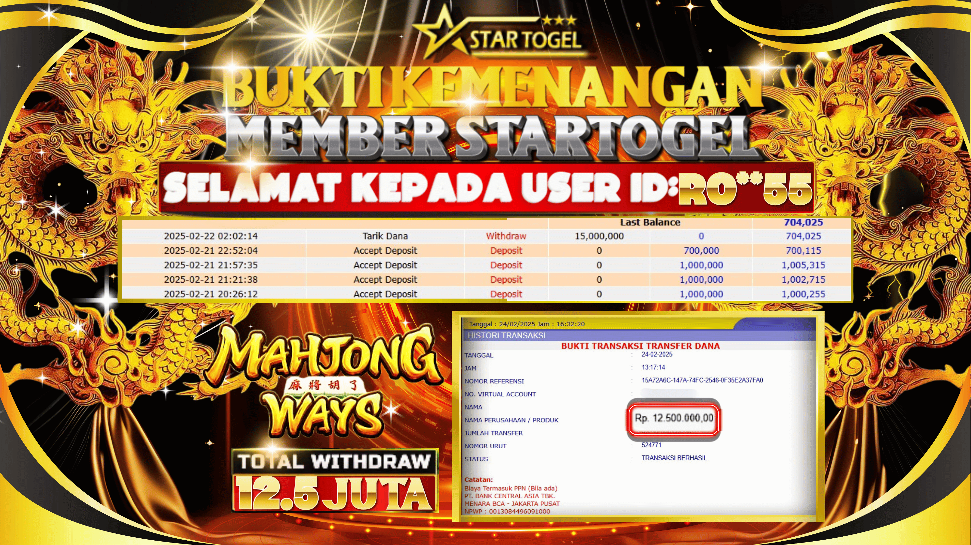 JACKPOT SLOT MAHJONG WAYS HINGGA 12.5 JUTA, 24 FEBRUARI 2025