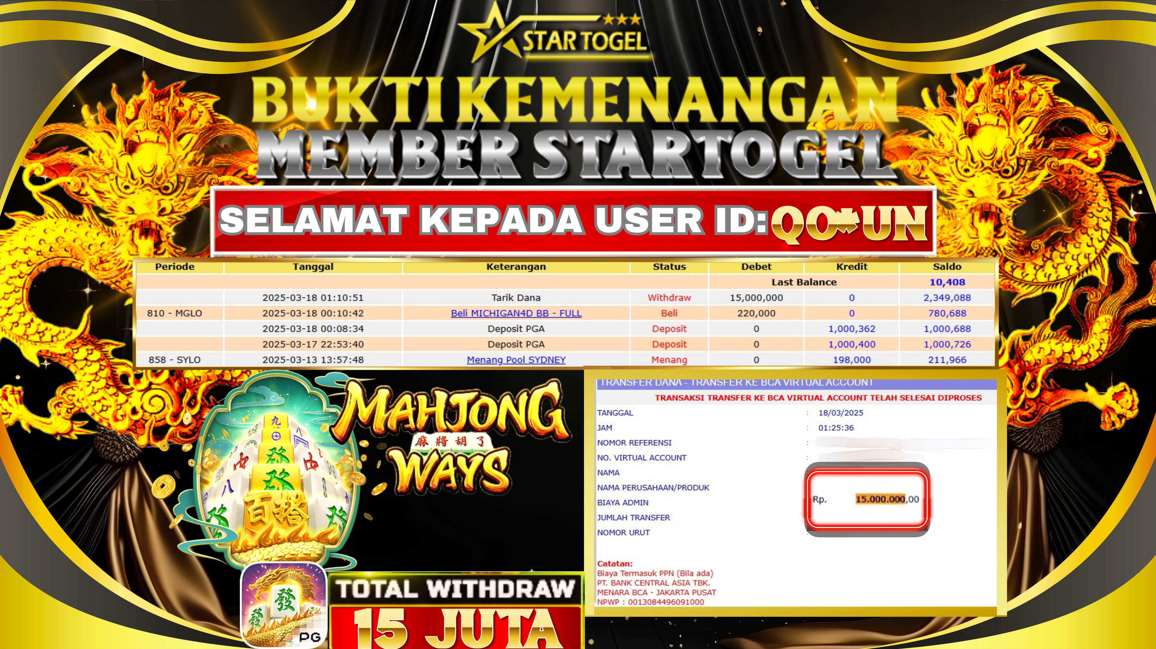 JACKPOT SLOT MAHJONG WAYS HINGGA 15 JUTA, 18 MARET 2025