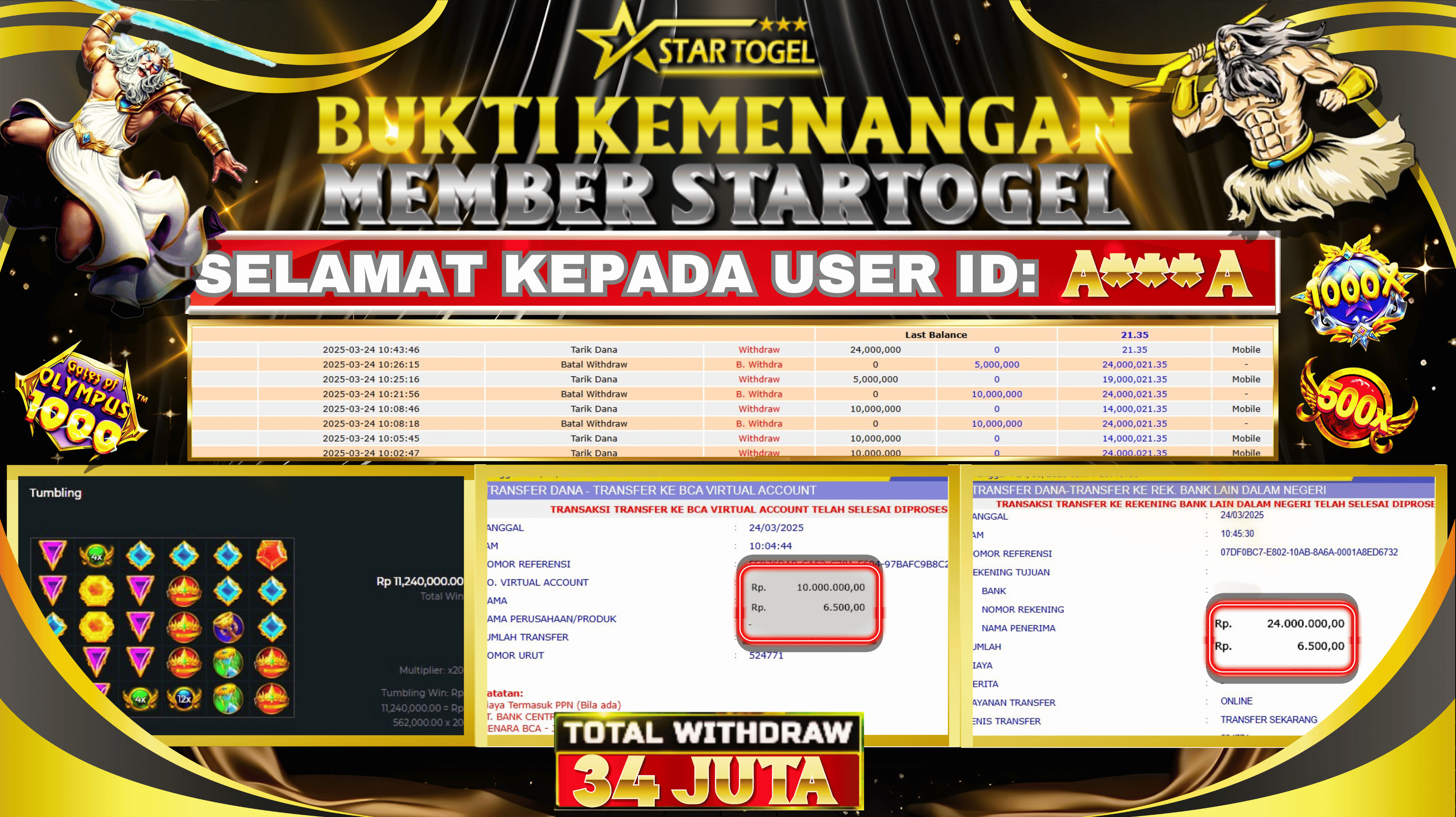 JACKPOT SLOT GATES OF OLYMPUS 1000 HINGGA 34 JUTA, 24 MARET 2025