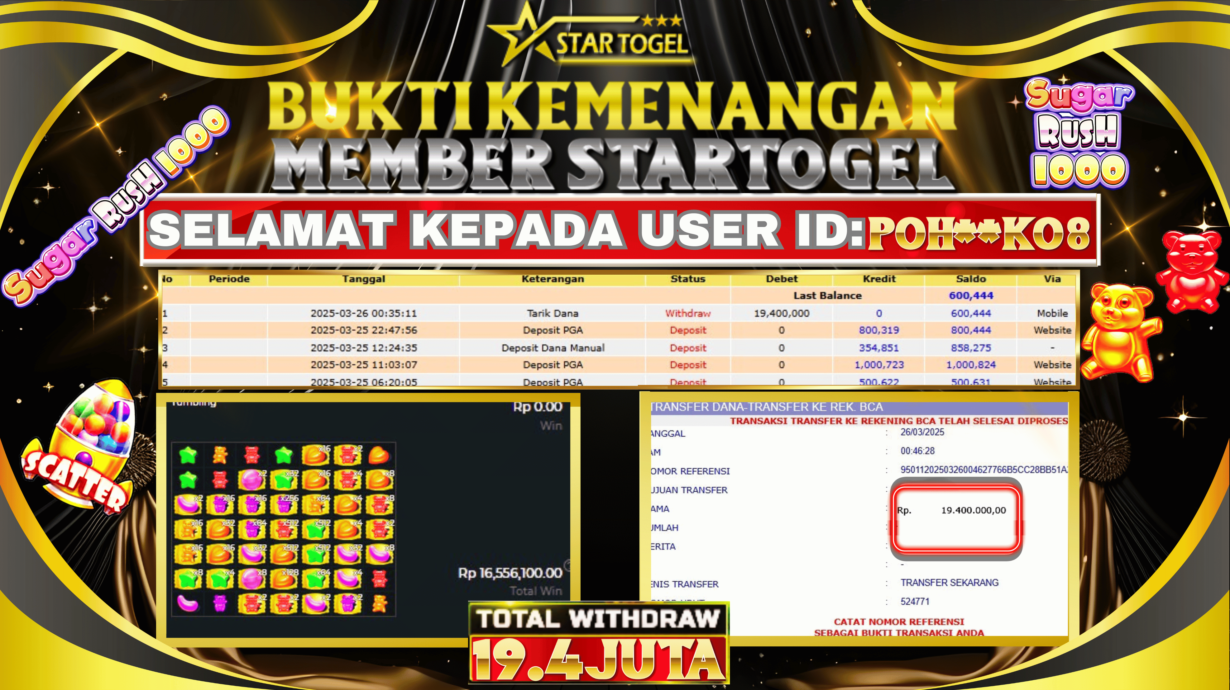 JACKPOT SLOT SUGAR RUSH 1000 HINGGA 19.4 JUTA, 26 MARET 2025
