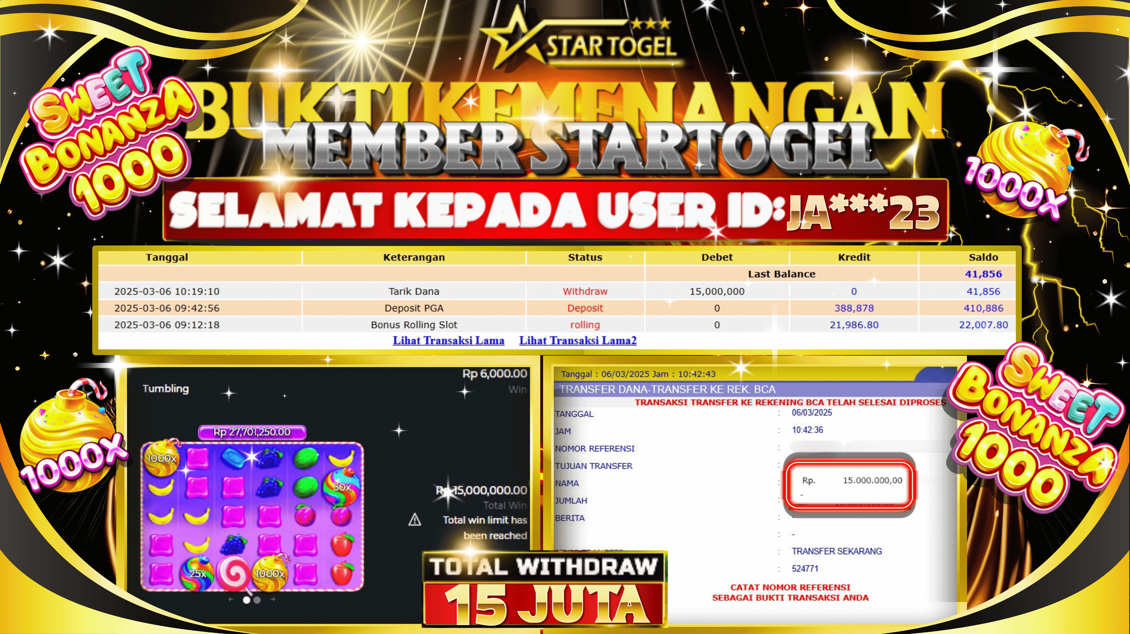 JACKPOT SLOT SWEET BONANZA 1000 HINGGA 15 JUTA, 06 MARET 2025
