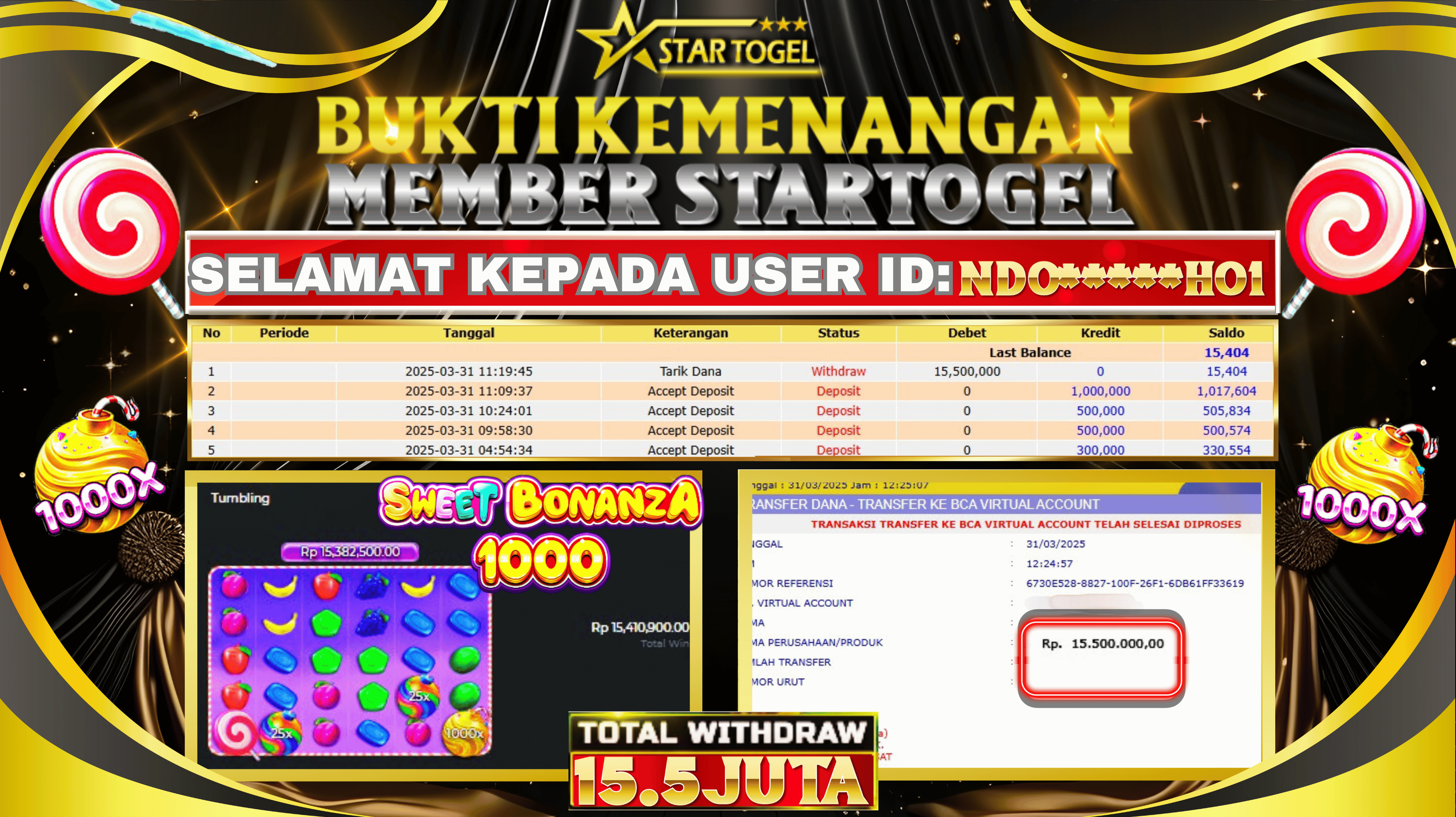 JACKPOT SWEET BONANZA 1000 HINGGA 15.5 JUTA, 31 MARET 2025