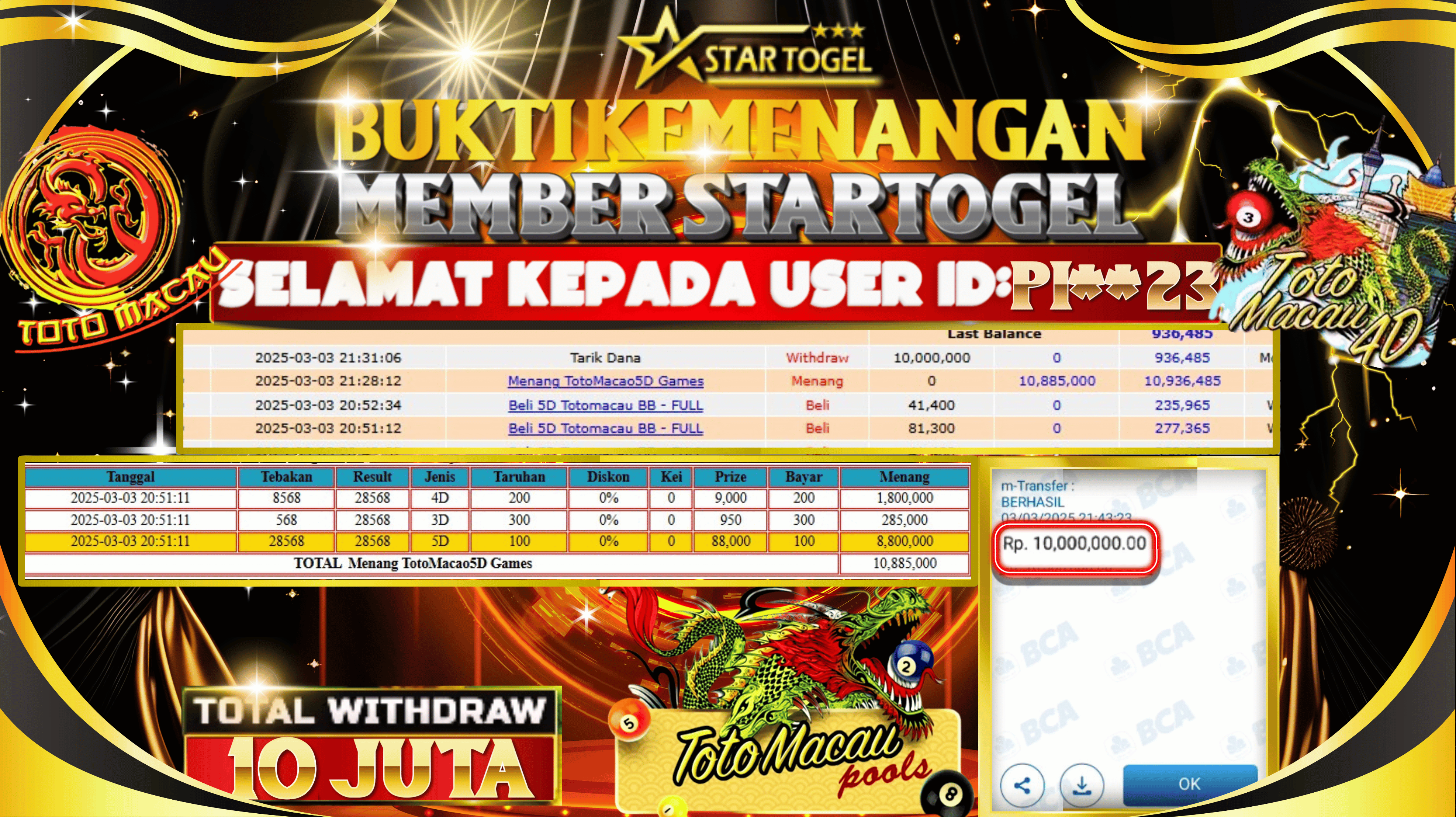 JACKPOT TOGEL ONLINE TOTOMACAU 4D HINGGA 10 JUTA, 03 MARET 2025