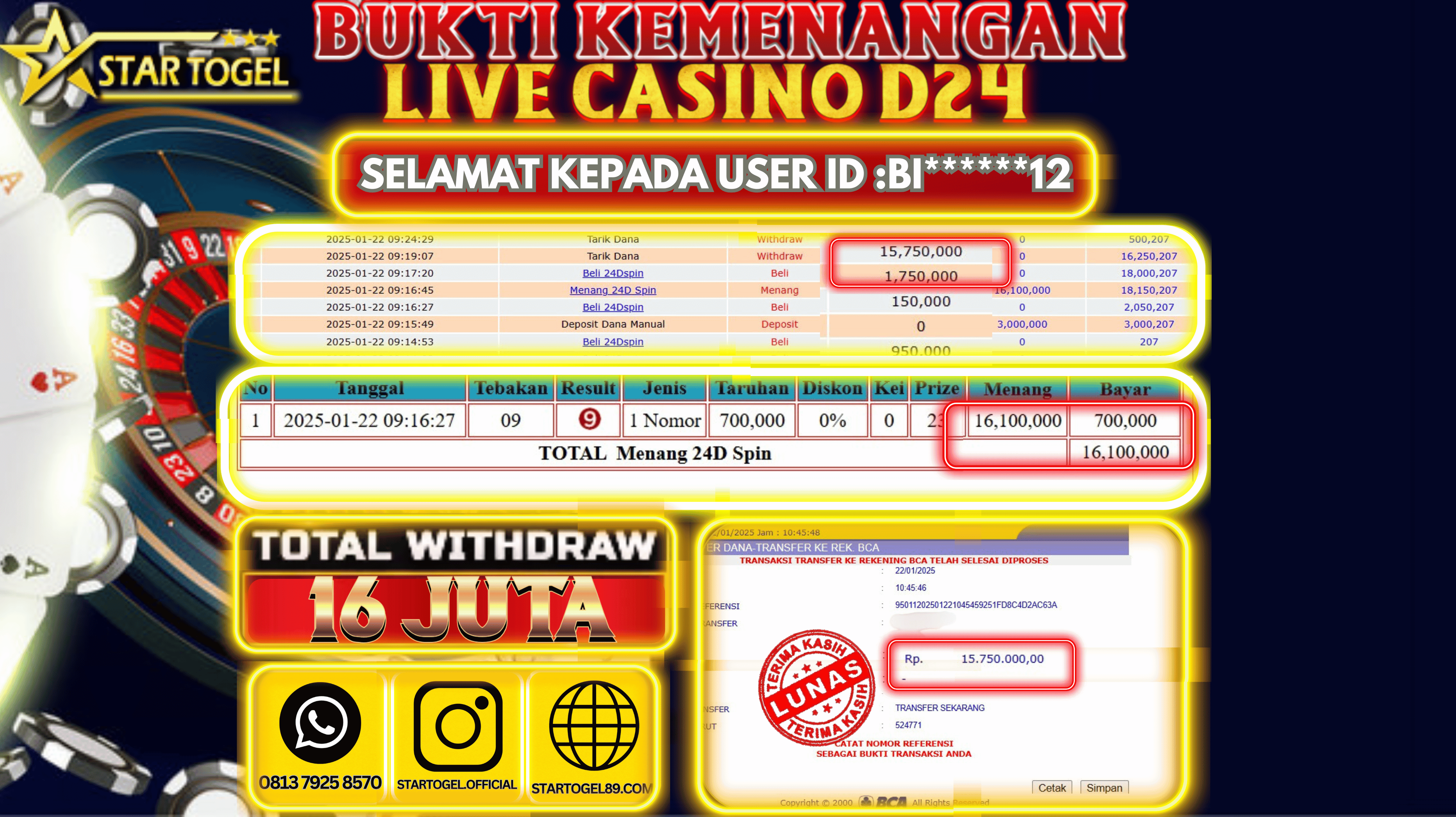 JACKPOT LIVE CASINO 24D HINGGA 16 JUTA,  22 JANUARY 2025
