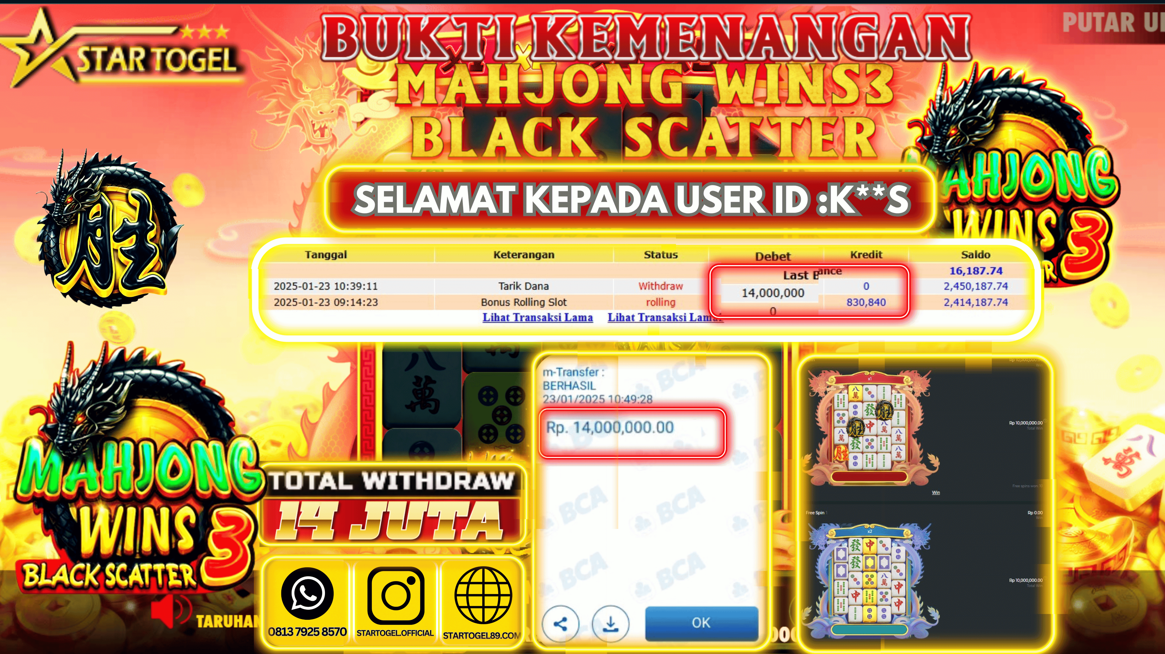 JACKPOT SLOT MAHJONG WINS3 HINGGA 14 JUTA, 23 JANUARY 2025