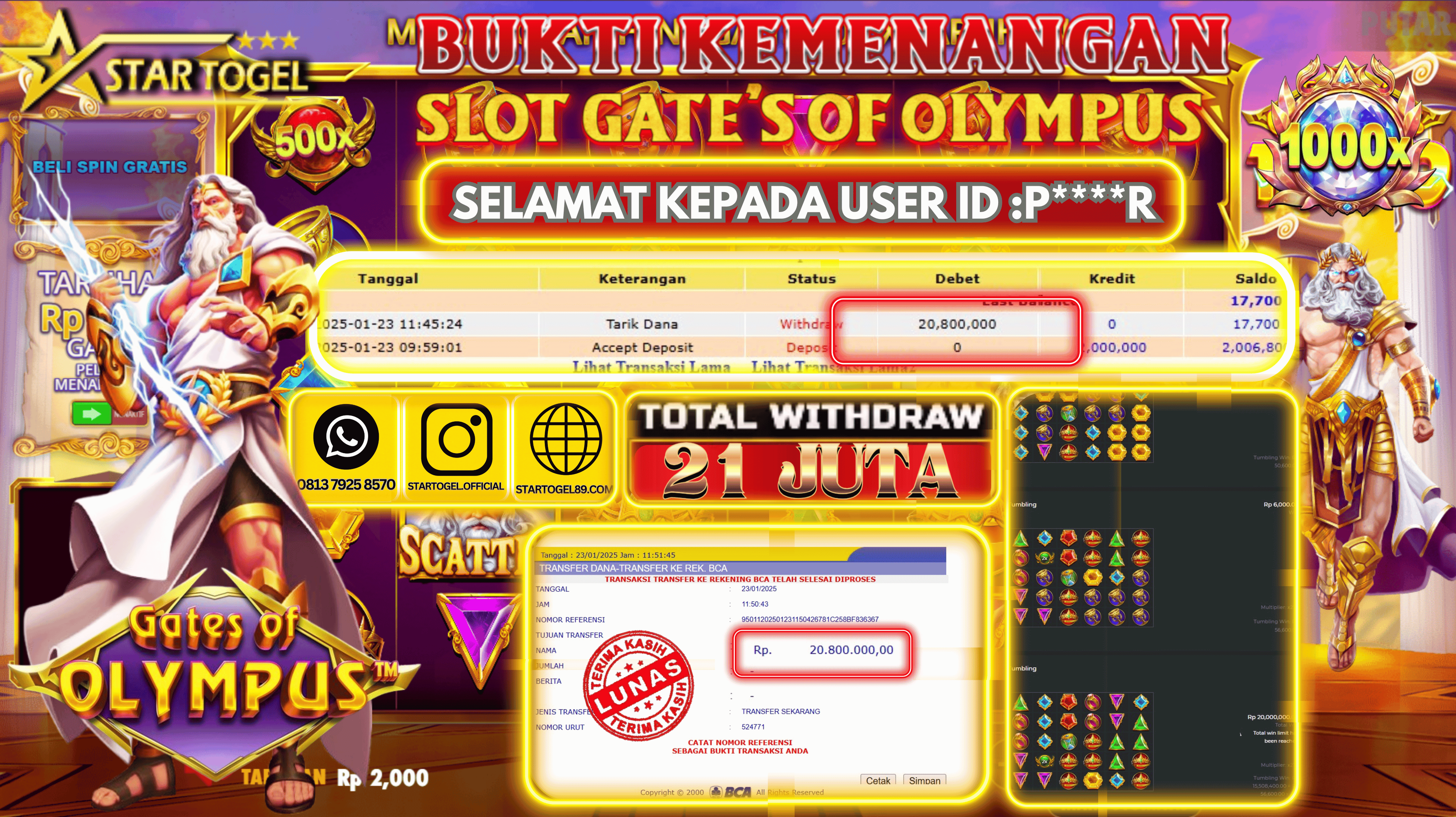 JACKPOT SLOT GATES OF OLYMPUS 1000 HINGGA 21 JUTA,  23 JANUARY 2025
