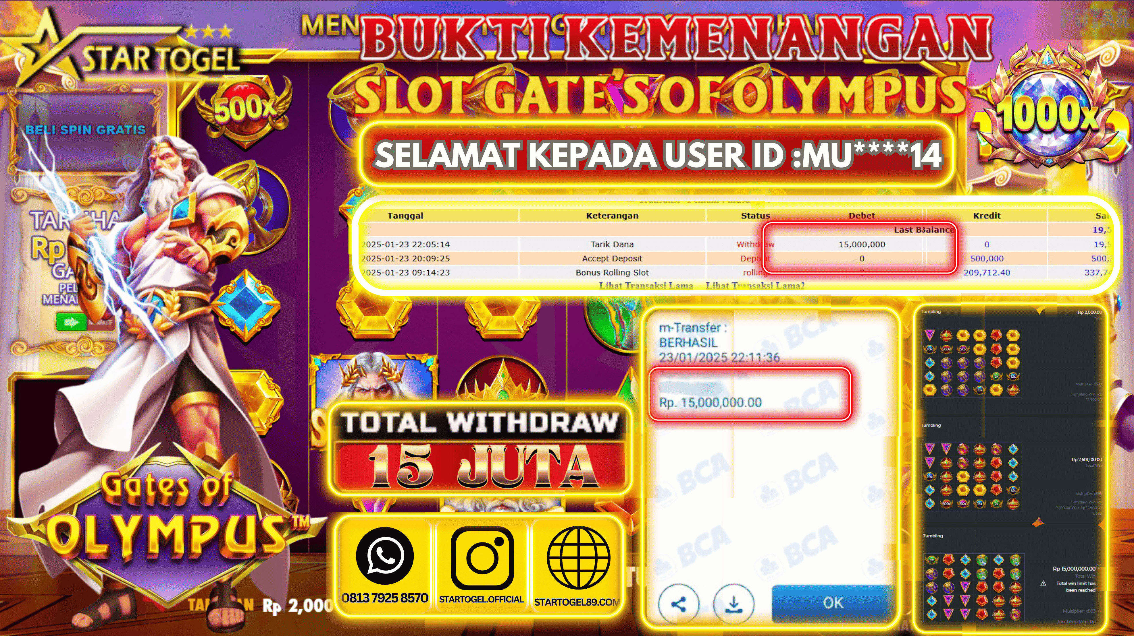JACKPOT SLOT GATES OF OLYMPUS 1000 HINGGA 15 JUTA,  23 JANUARY 2025