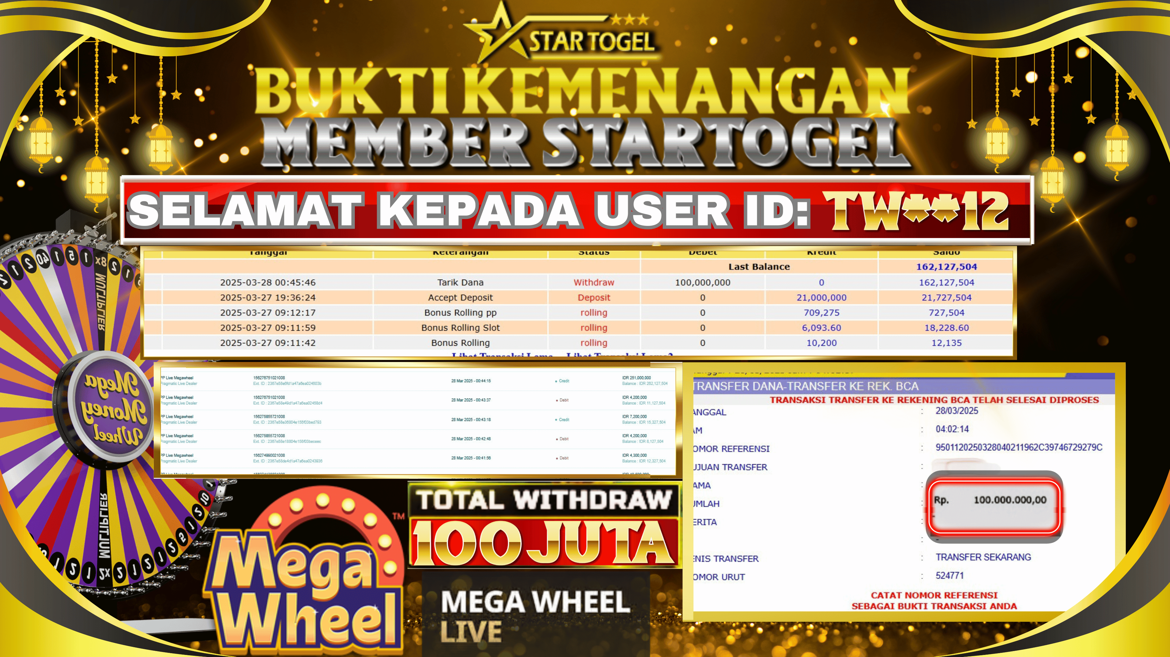 JACKPOT LIVE DEALER MEGA WHEEL HINGGA 100 JUTA, 28 MARET 2025