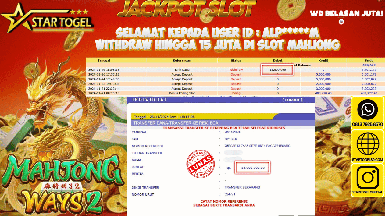 JACKPOT SLOT MAHJONG WAYS2 HINGGA 15 JUTA, 26 NOVEMBER 2024