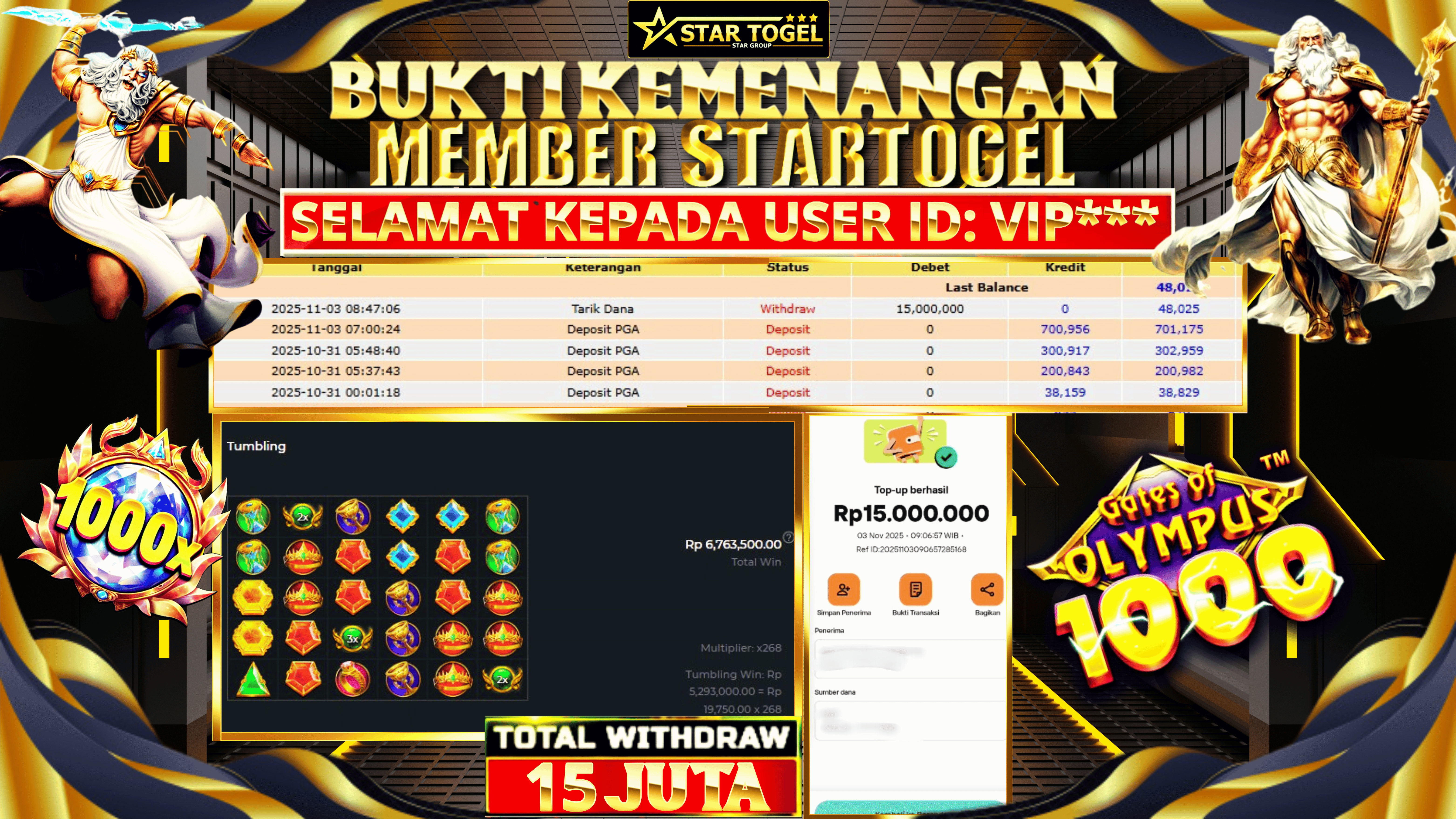 JACKPOT SLOT GATES OF OLYMPUS 1000 HINGGA 15 JUTA, 03 NOVEMBER 2025