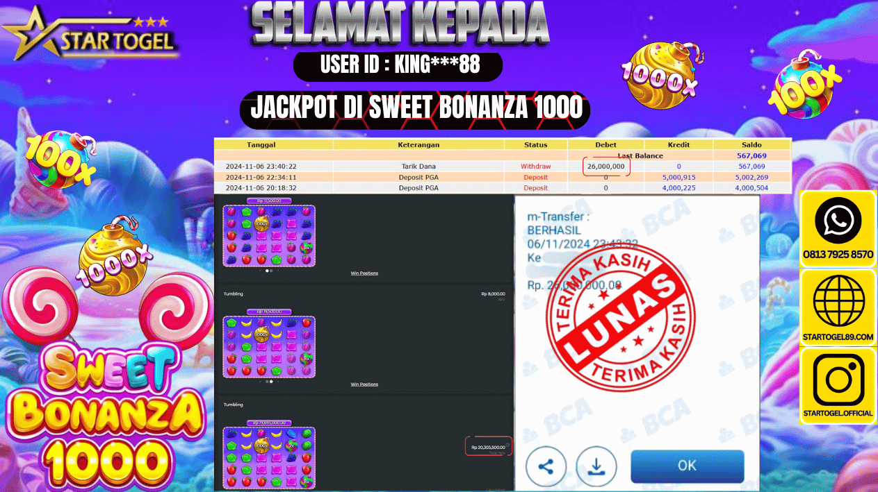 JACKPOT SLOT SWEET BONANZA 1000 HINGGA 26 JUTA, 06 NOVEMBER 2024