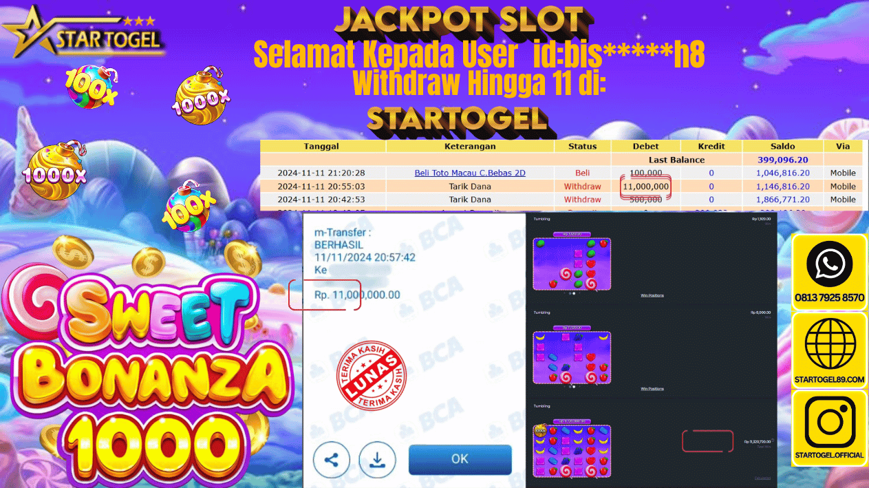 JACKPOT SLOT SWEET BONANZA 1000 HINGGA 11 JUTA, 12 NOVEMBER 2024
