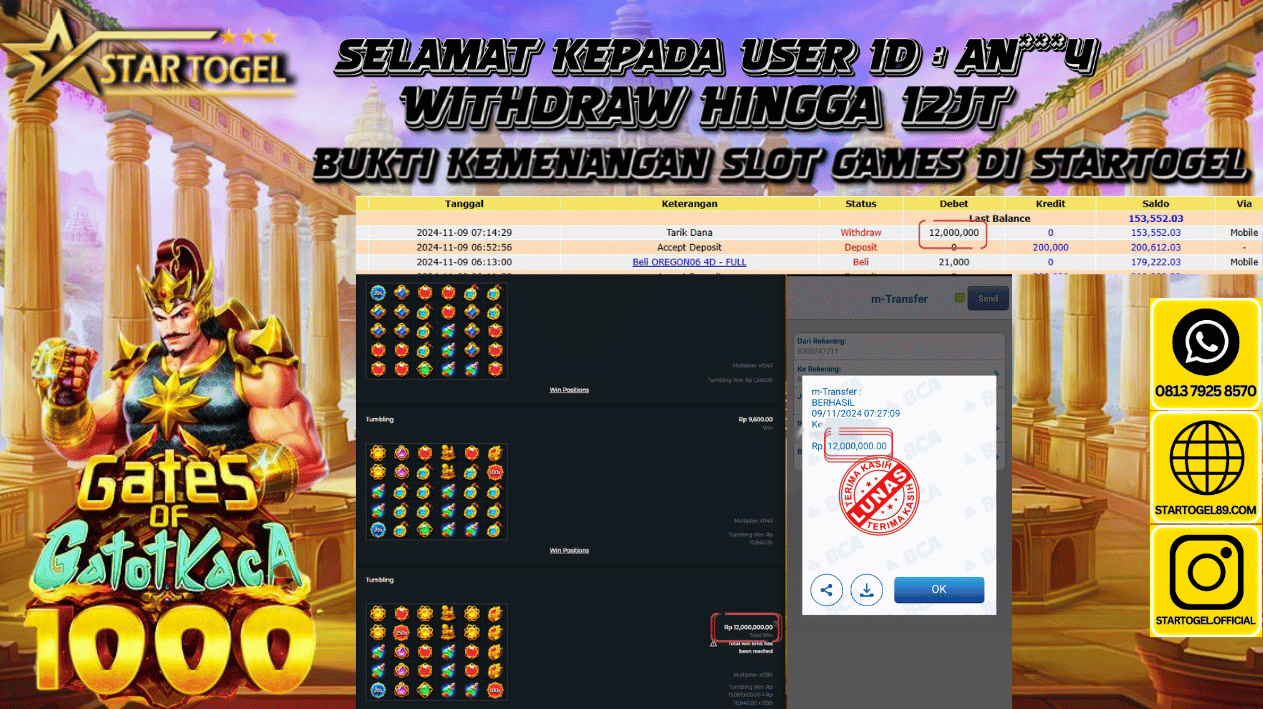 JACKPOT SLOT GATES OF GATOT KACA HINGGA  12 JUTA, 09 NOVEMBER  2024